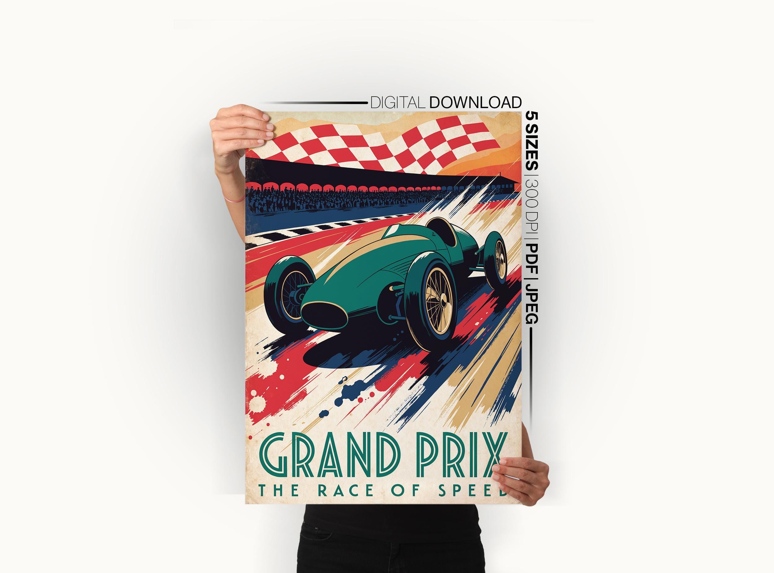 Race Day Vintage Racing Poster| Art Deco Motorsport Wall Art| Retro Race Car Print| Man Cave Garage Decor| Printable Instant Download