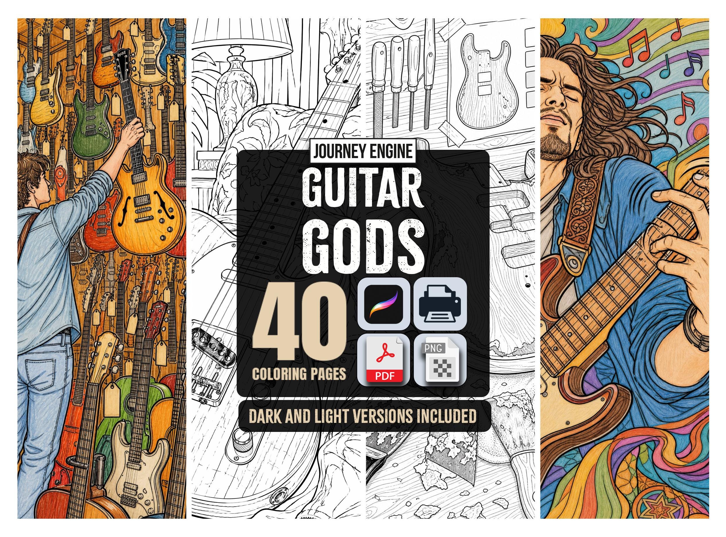 The Guitar Gods Coloring Book | Detailed Comic Art Adult Coloring Pages | 40 Guitar Scenes | Gift for Guitarist | Printable Instant Download