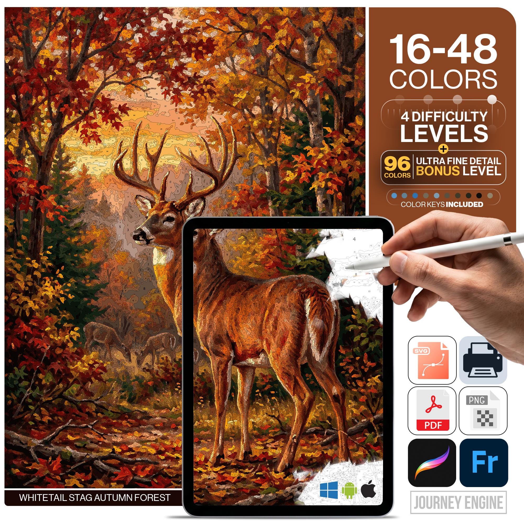 Deer Paint by Numbers Digital | 5 Levels 16-96 Colors | Svg Pdf Png Procreate | Whitetail Stag Autumn Forest Printable Wall Art