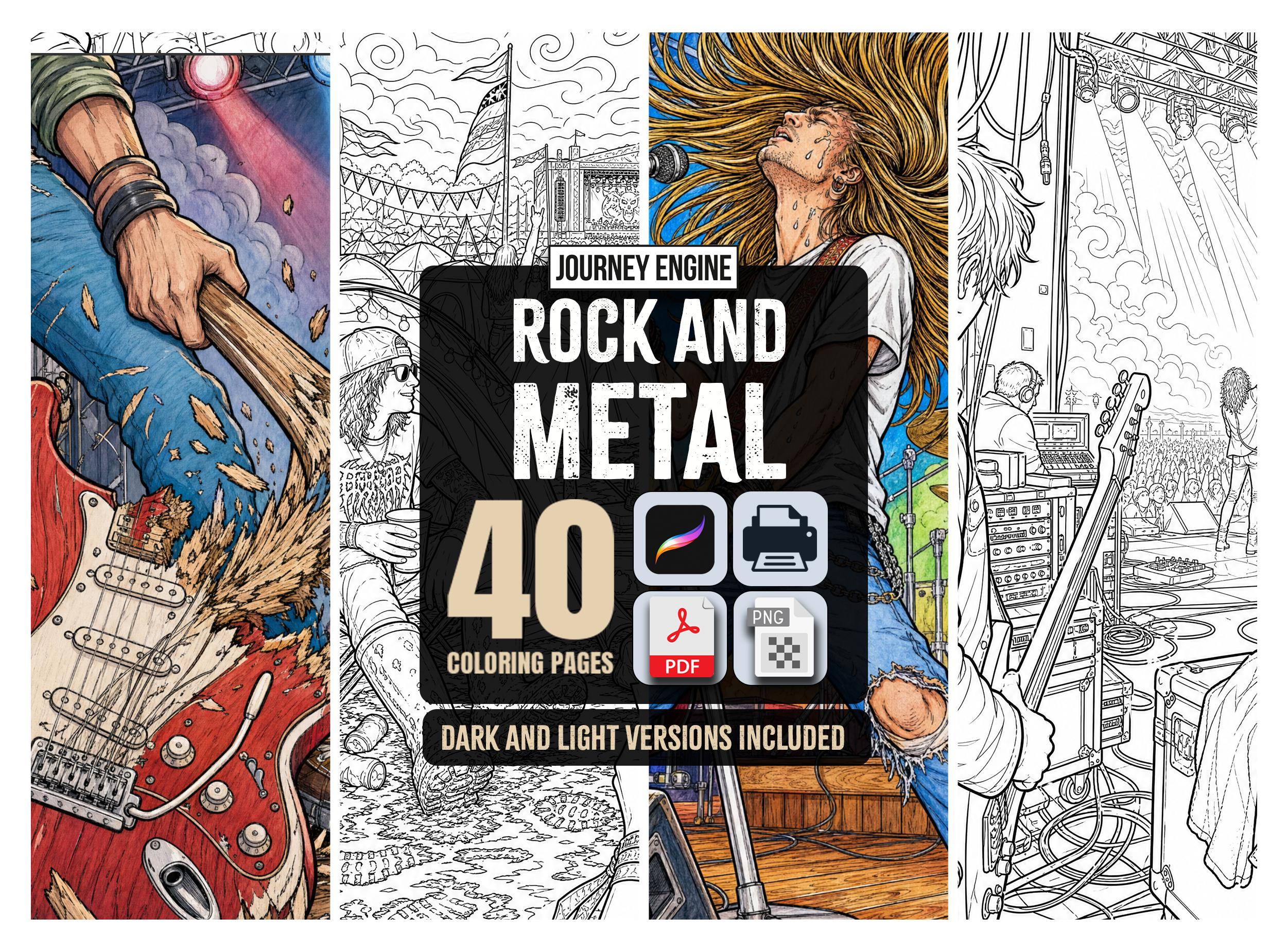 Rock and Metal Coloring Book | Detailed Adult Coloring Pages | 50 Music Scenes | Gift for Rock Fan Him | Printable Instant Download