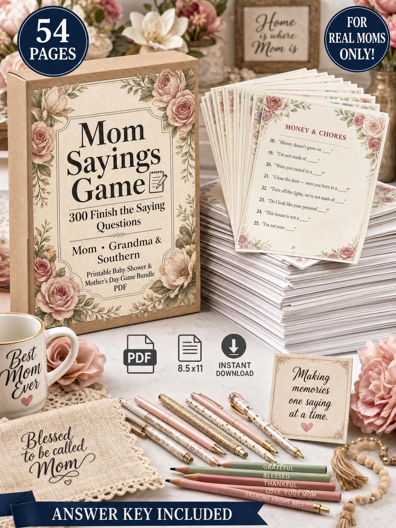 Mom Sayings Game 300 Finish the Saying Questions | Mom Grandma and Southern | Printable Baby Shower & Mother's Day Game Bundle PDF
