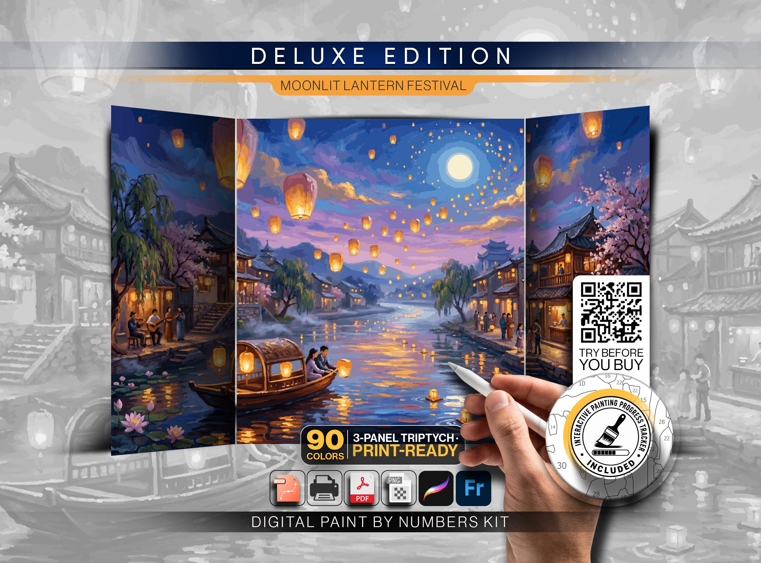 Moonlit Lantern Festival — 3-Panel Triptych