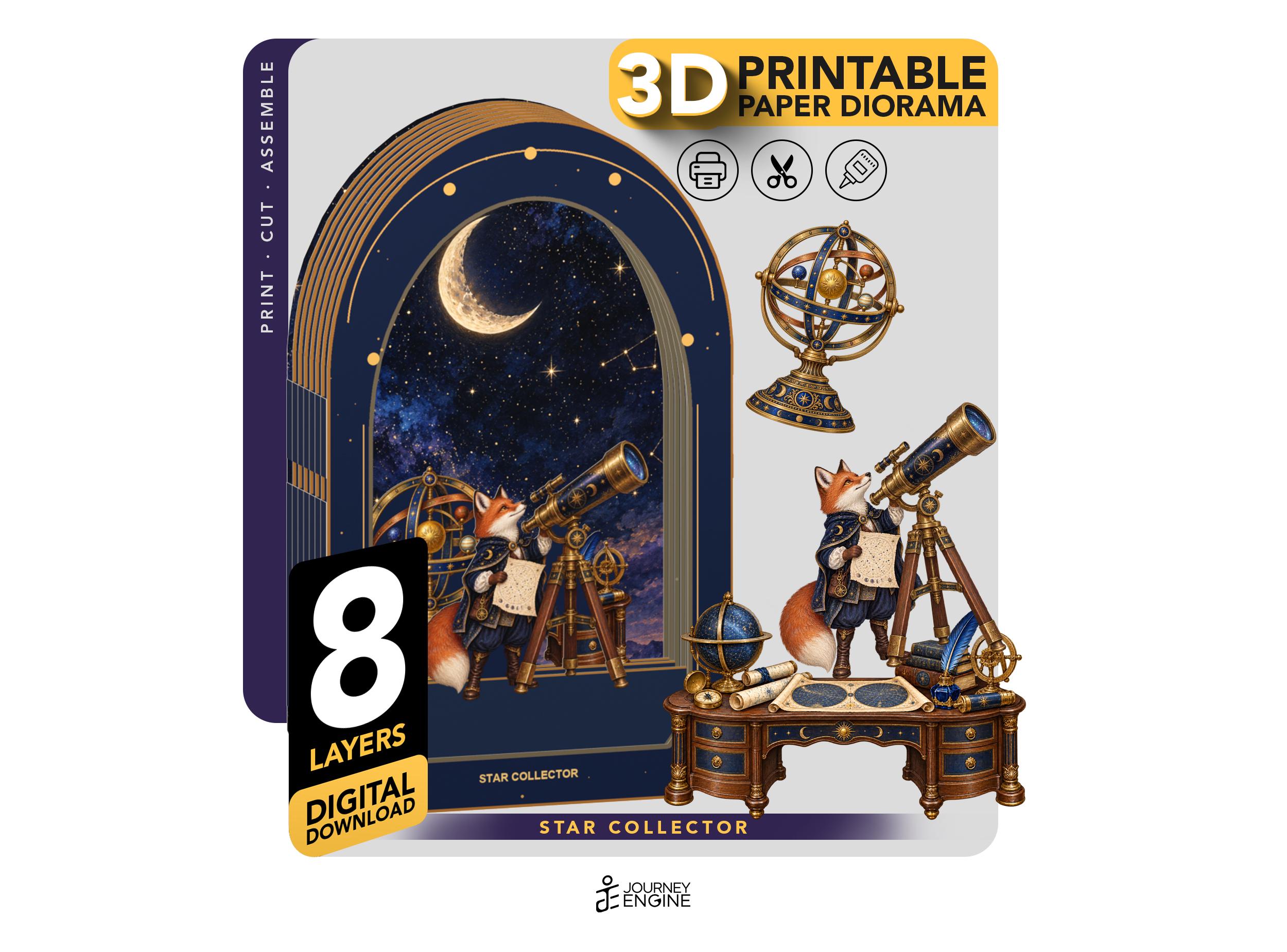 Printable 3D Paper Diorama Template, Star Collector's Observatory Fox and Telescope, 8-Layer Celestial Papercraft