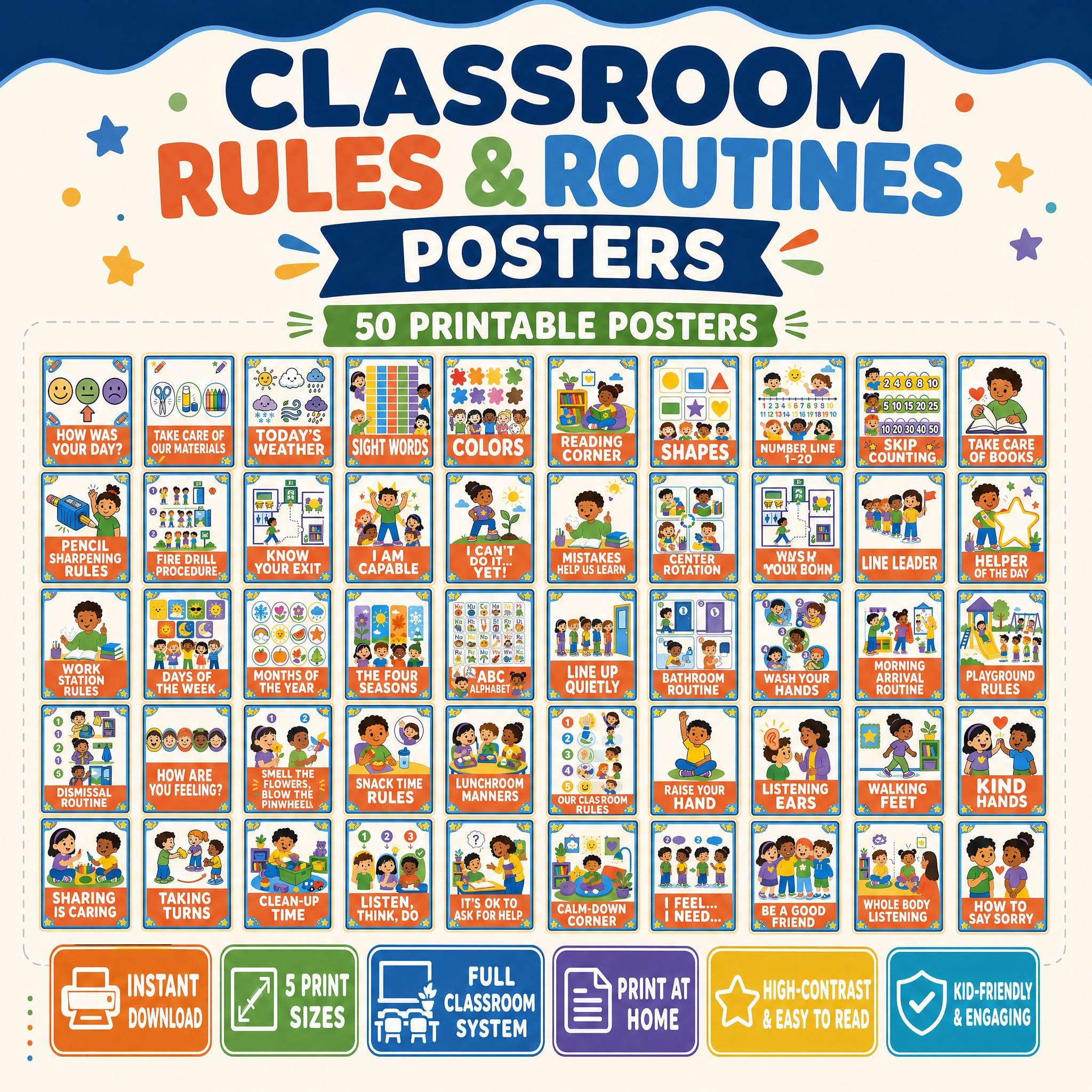 50 Classroom Rules and Routines Poster Set, 50 Printable Posters, Preschool Classroom Decor, Behavior Chart Bundle, Instant Download PDF