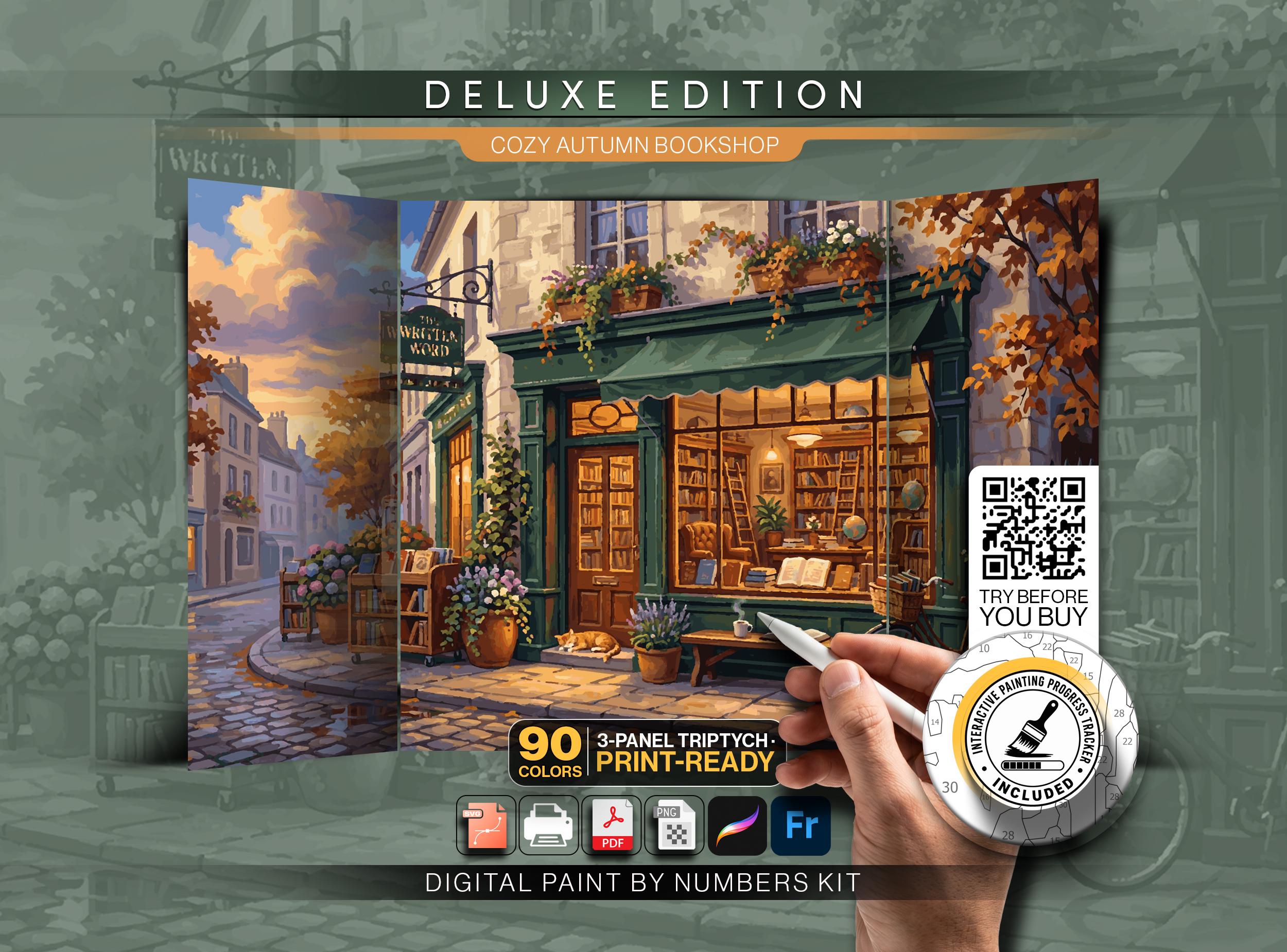 Cozy Bookstore Paint by Numbers Digital Pbn kit | 5 Levels 16-96 Colors | SVG PDF PNG Procreate | Vintage Bookshop Printable Wall Art