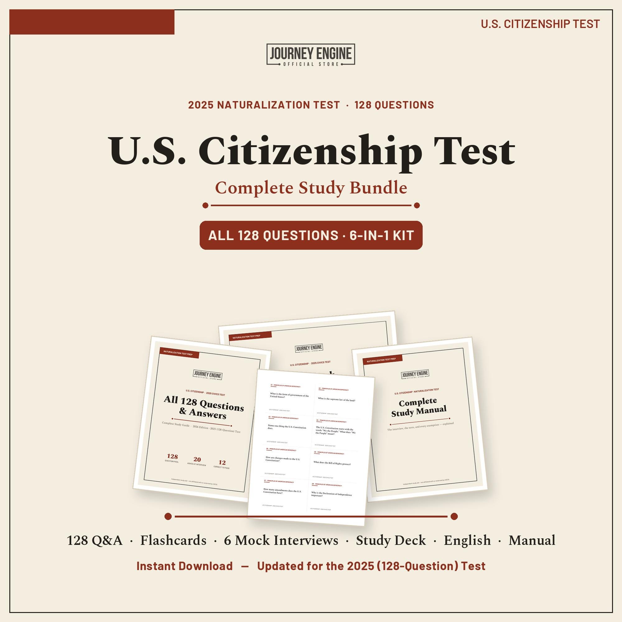 US Citizenship Test 2026 Study Guide | 128 Civics Questions & Answers, Flashcards, 6 Mock Interviews, English | Naturalization Prep PDF
