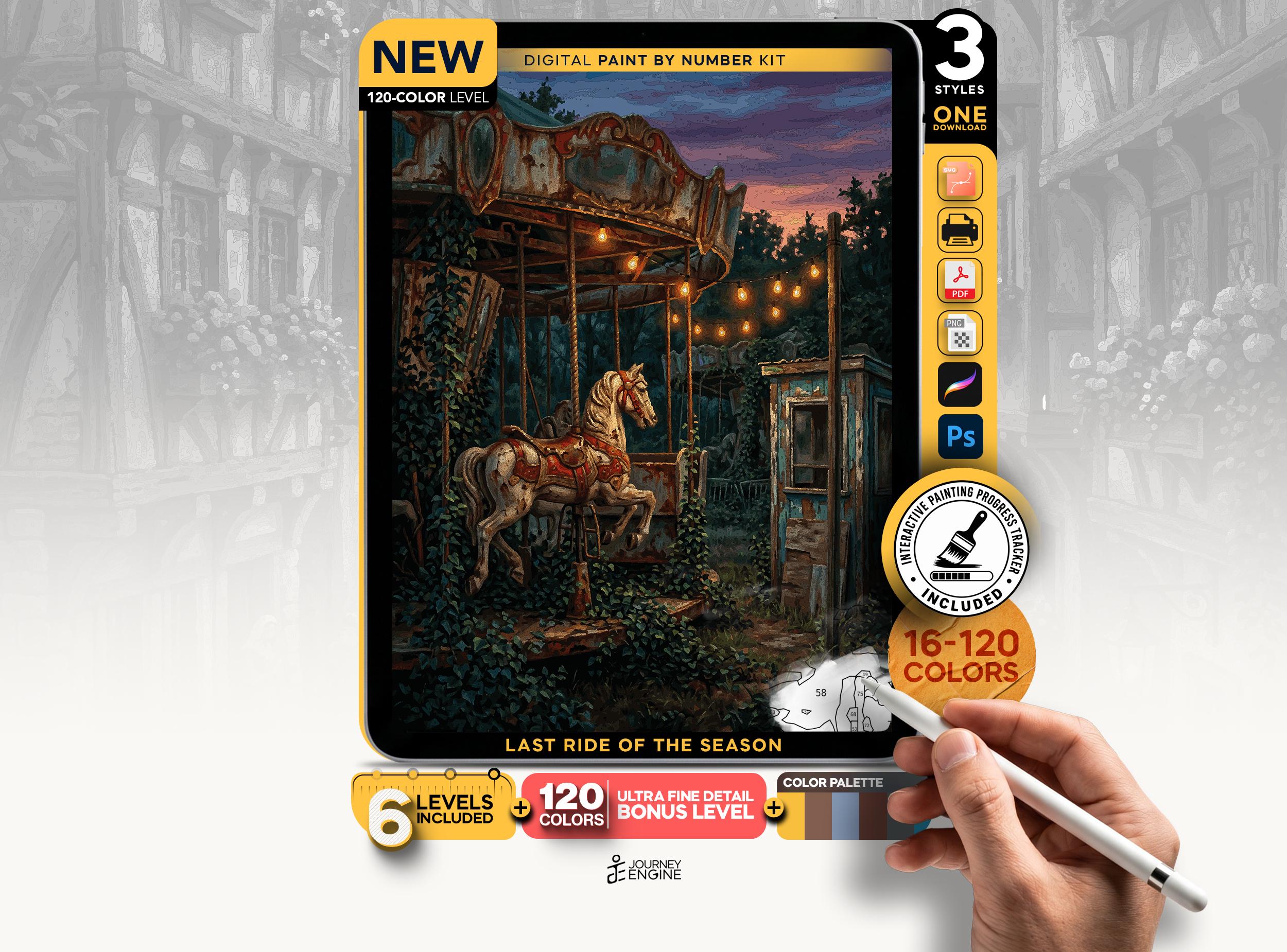 Abandoned Carousel Paint by Numbers Digital, 6 Levels 16 to 120 Colors, Vintage Fairground Art, Procreate and Printable, Instant Download
