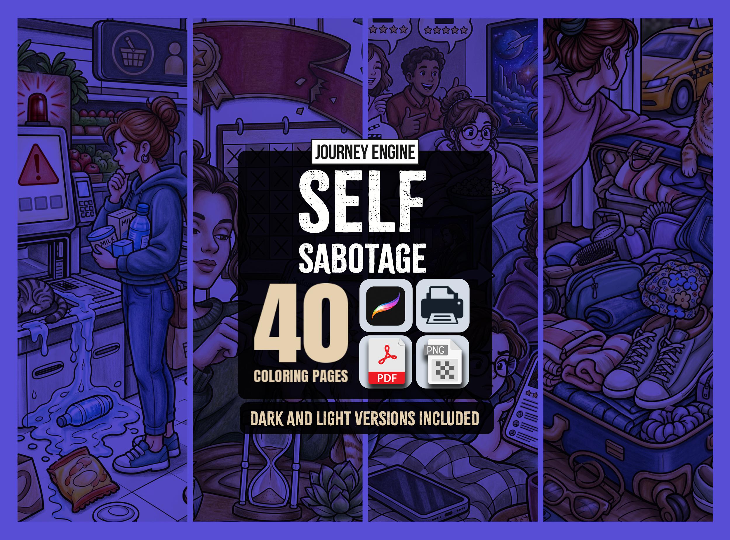 Self Sabotage Coloring Book | Funny Relatable Adult Coloring Pages | 40 Scenes | Overthinking Gift for Her | Printable Instant Download