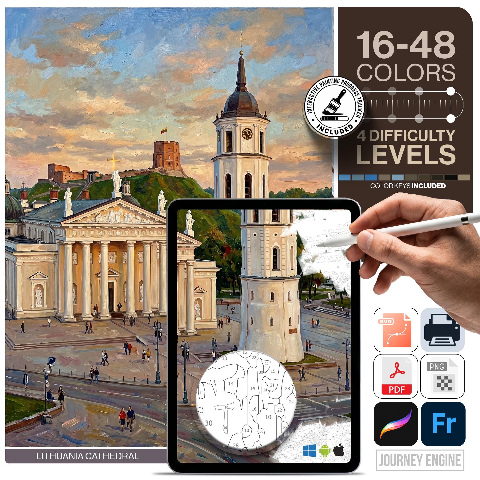 Vilnius Paint by Numbers Digital | 4 Levels 16-48 Colors | Svg Pdf Png | Lithuania Cathedral Square Old Town Baltic Travel Wall Decor Gift