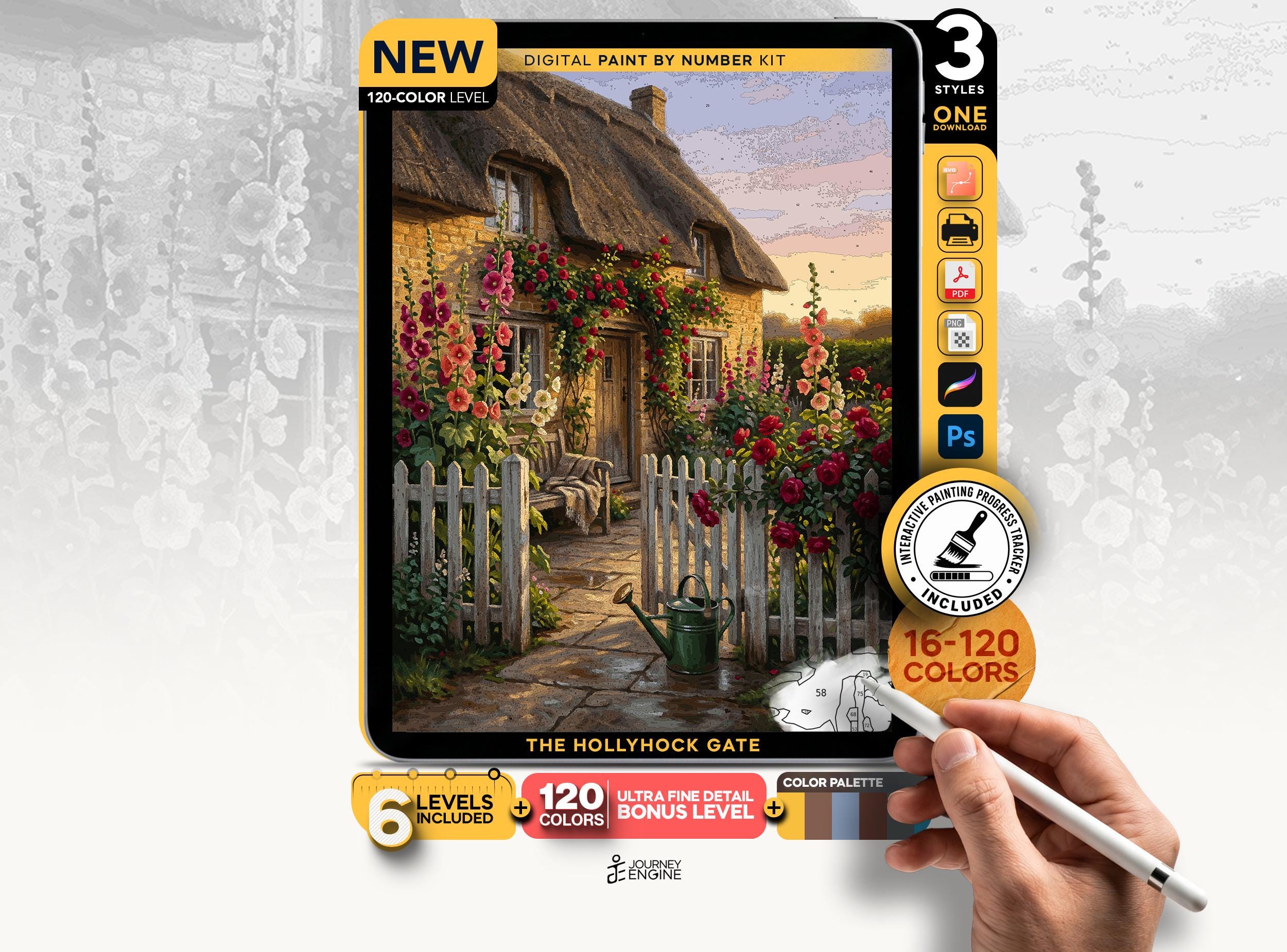Cottage Garden Paint by Numbers Digital, 6 Levels 16 to 120 Colors, Hollyhocks Roses Picket Fence Art, Procreate Printable, Instant Download