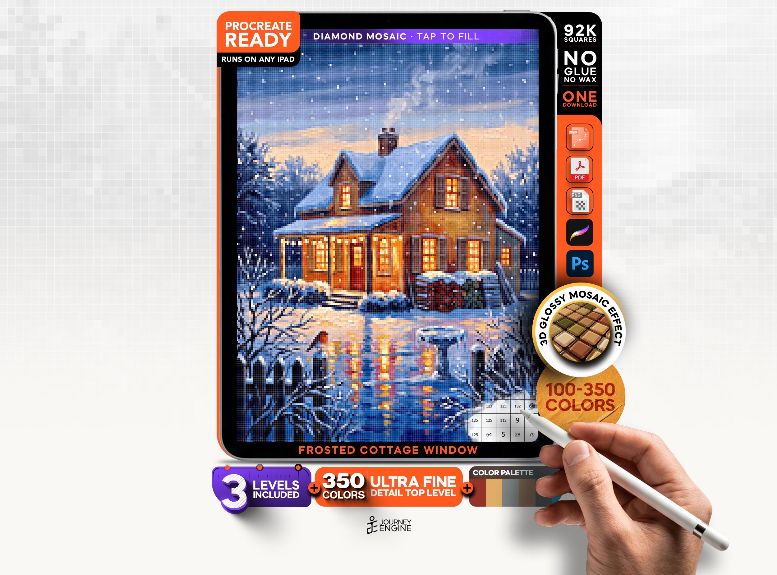 Digital Paint by Numbers Procreate, Winter Cottage Diamond Mosaic, 3 Levels 100-350 Colors, Layered PSD for iPad, Instant Download