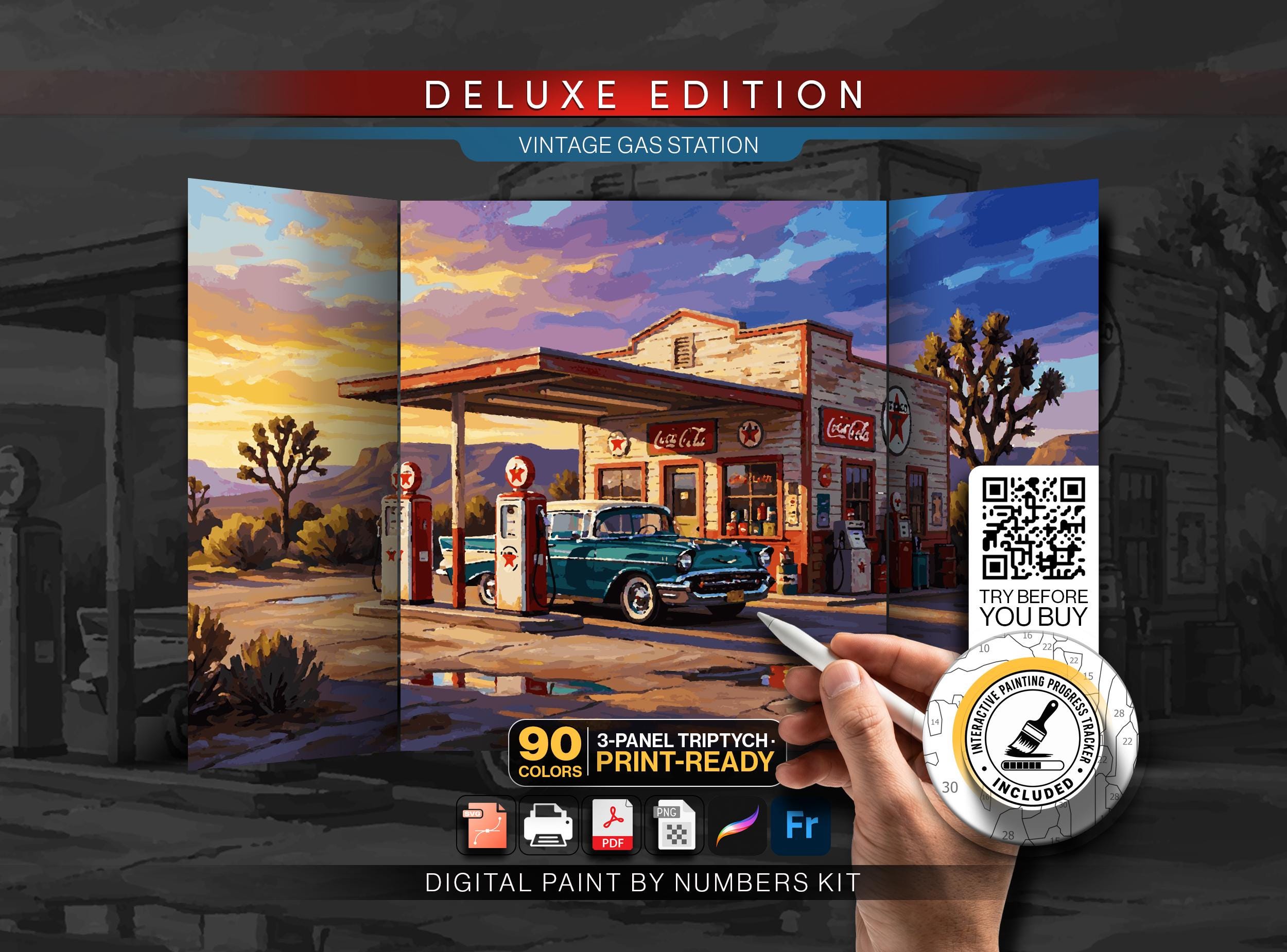 Vintage Gas Station Sunset PBN Triptych | Retro Route 66 Americana | 90 Color Deluxe Adult Set | Printable Instant Download