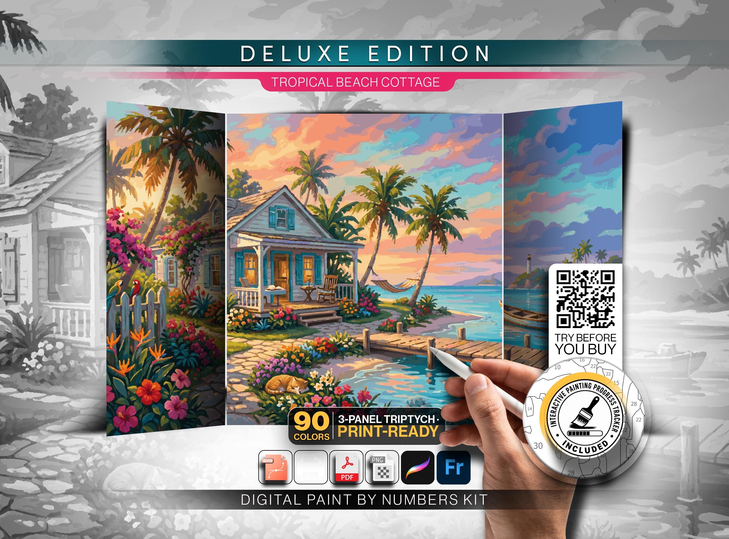 Tropical Beach Cottage Sunset Digital PBN Triptych | Key West Coastal Cottage Art | 90 Color Deluxe Adult Set | Printable Instant Download