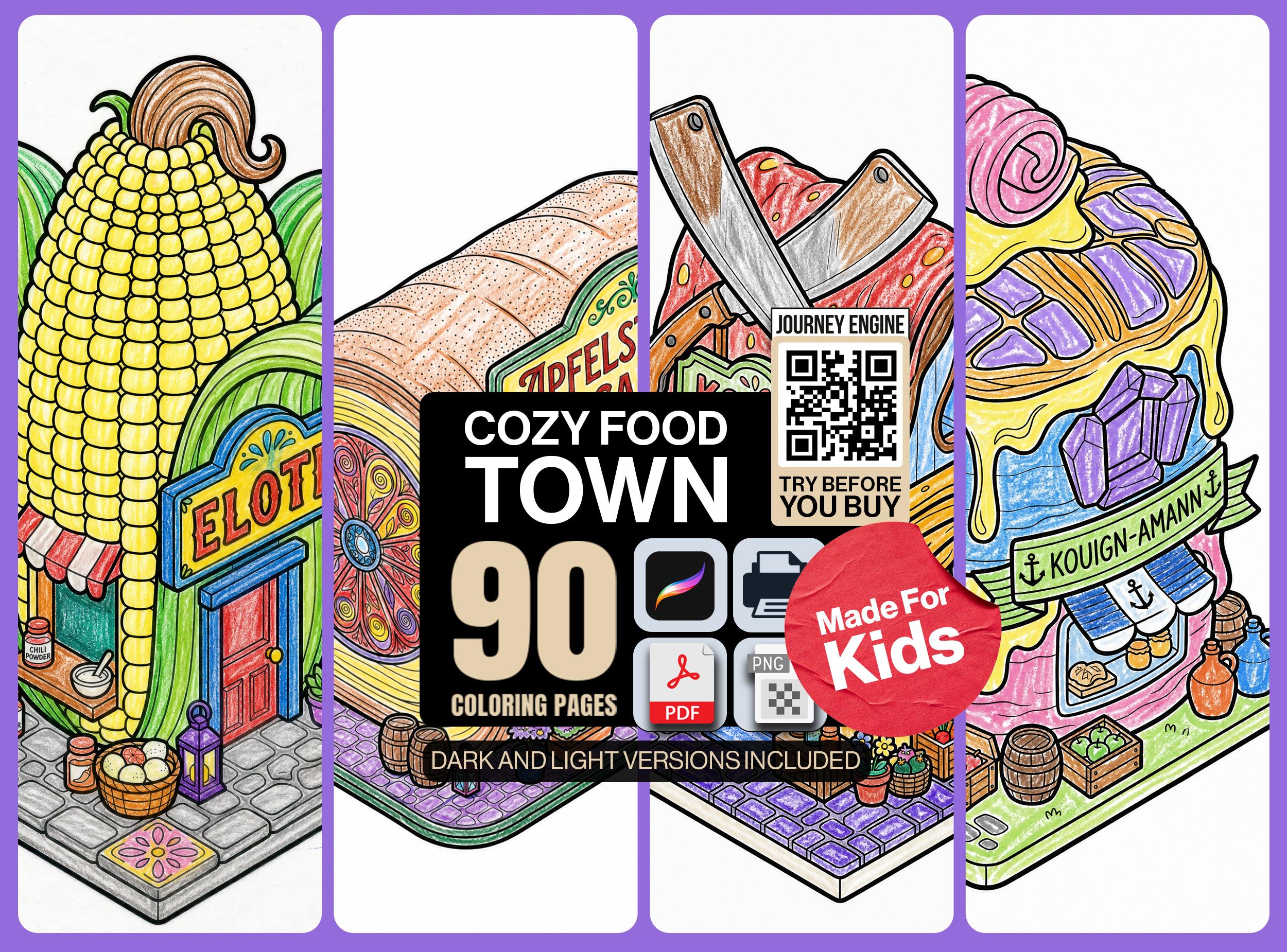 Cozy Food Town Coloring Book| Cute Kawaii Food Buildings Kids Coloring Pages| 90 Scenes| Printable Instant Download