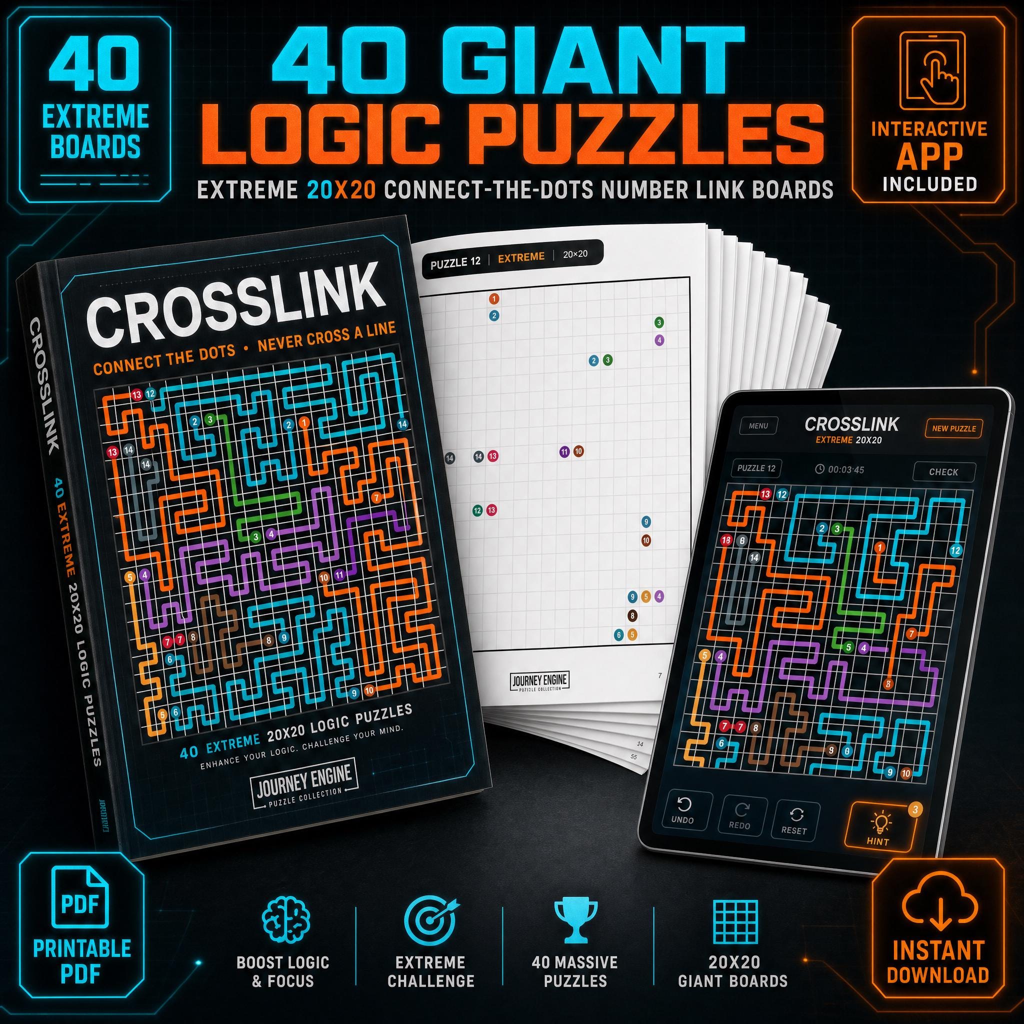 Giant Logic Puzzles for Adults Printable | Connect the Dots Number Link | 40 Extreme 20x20 Boards | Hard Brain Game | Instant Download