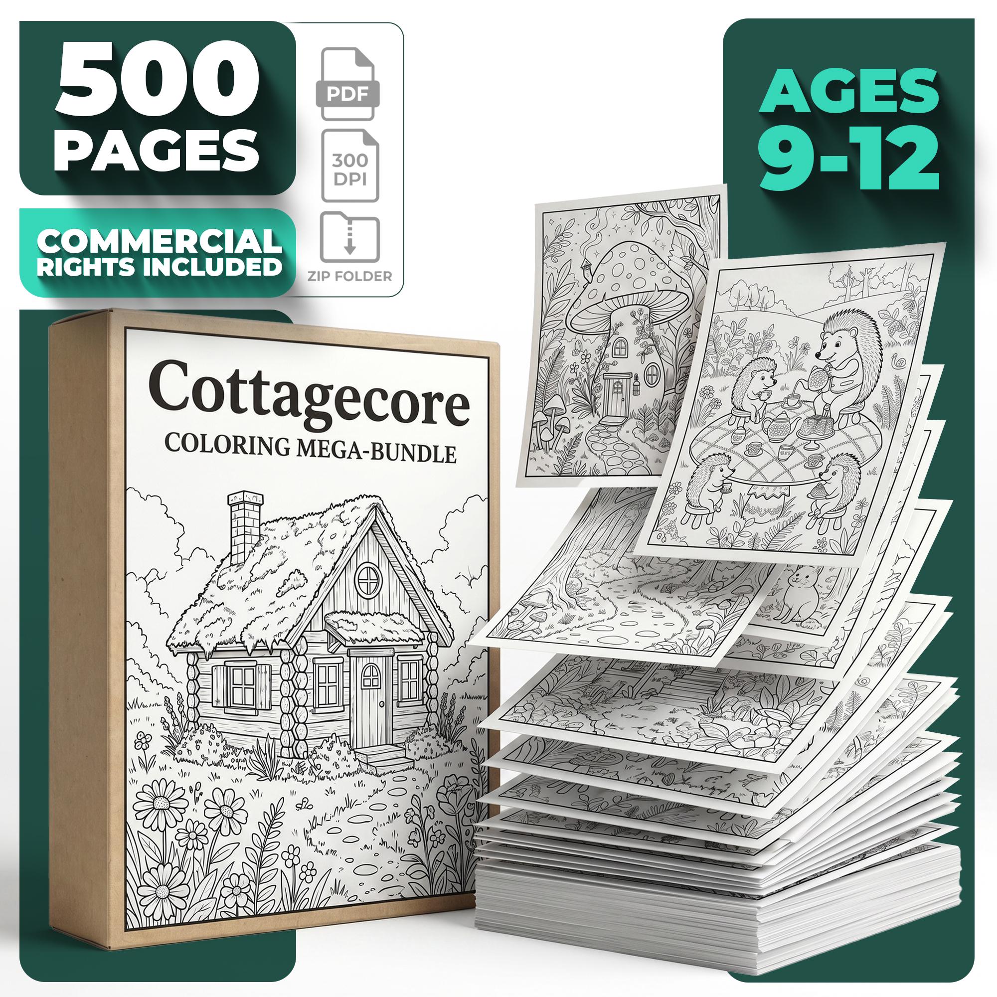 500 Cottagecore Coloring Pages Mega-Bundle | Kids 9-12 Woodland Garden Sheets (Commercial Use PLR)