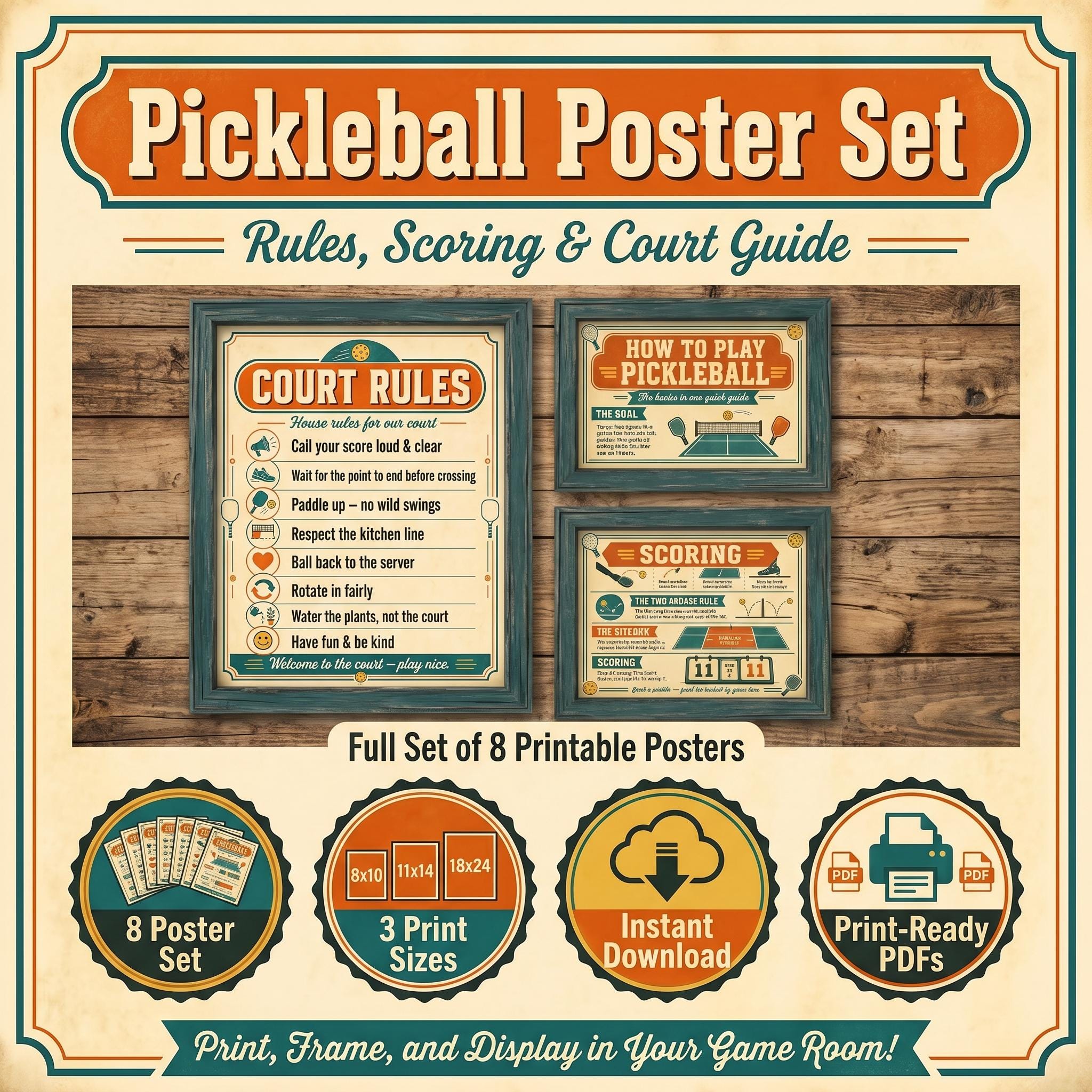 Pickleball Poster Set | Retro Pickleball Rules Scoring & Court Guide | Game Room Wall Decor | Player Gift | Printable Instant Download