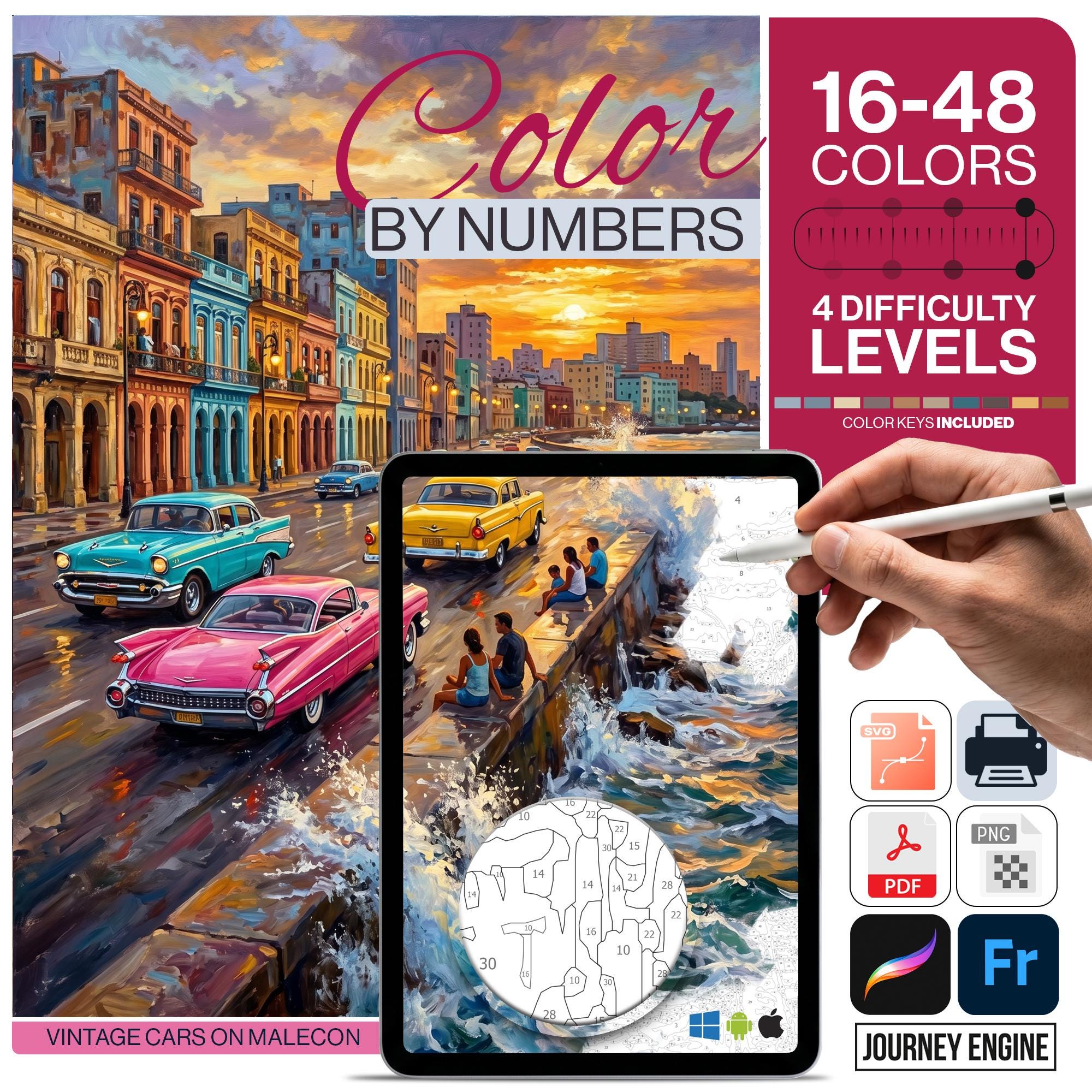 Havana Paint by Numbers Digital | 4 Levels 16-48 Colors | Svg Pdf Png | Cuba Vintage Cars Colorful Street Tropical Wall Art