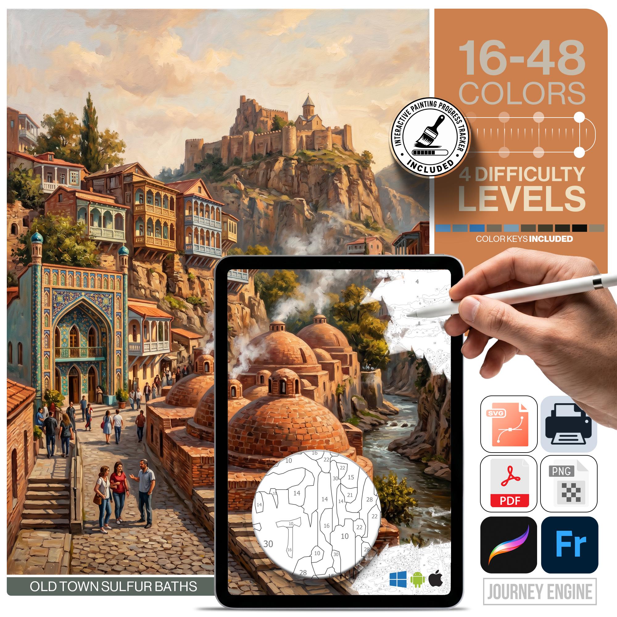 Tbilisi Paint by Numbers Digital | 4 Levels 16-48 Colors | Svg Pdf Png | Georgia Old Town Sulfur Baths Domes Caucasus Travel Wall Art Decor