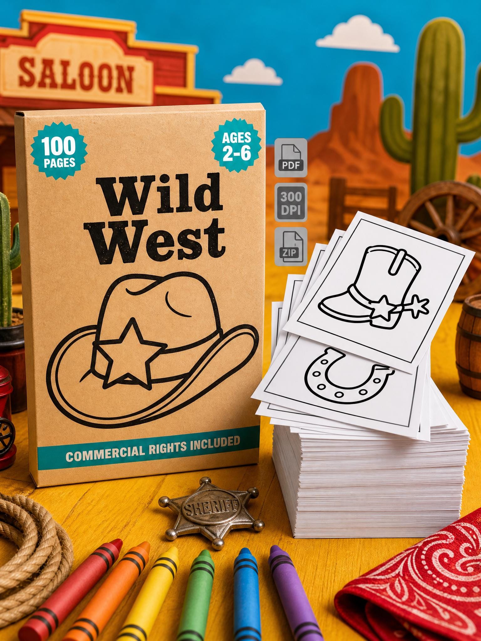 Wild West Coloring Pages Bundle | Cowboy Scenes for Kids (Ages 3-6) (Commercial Use)