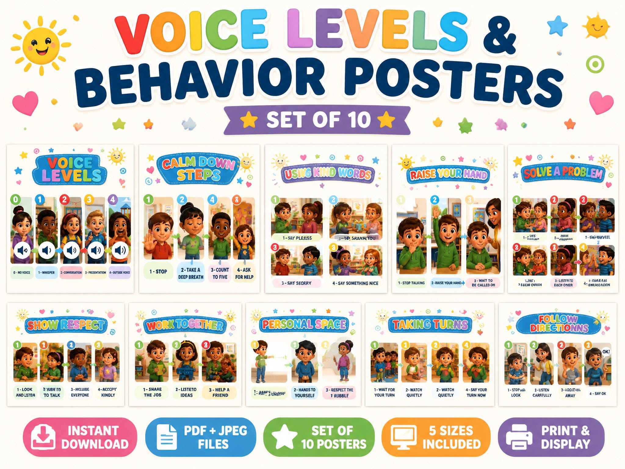 Voice Levels & Behavior Posters Set of 10 | Classroom Rules Decor Bundle | SEL Classroom Management | Back to School | Printable Download