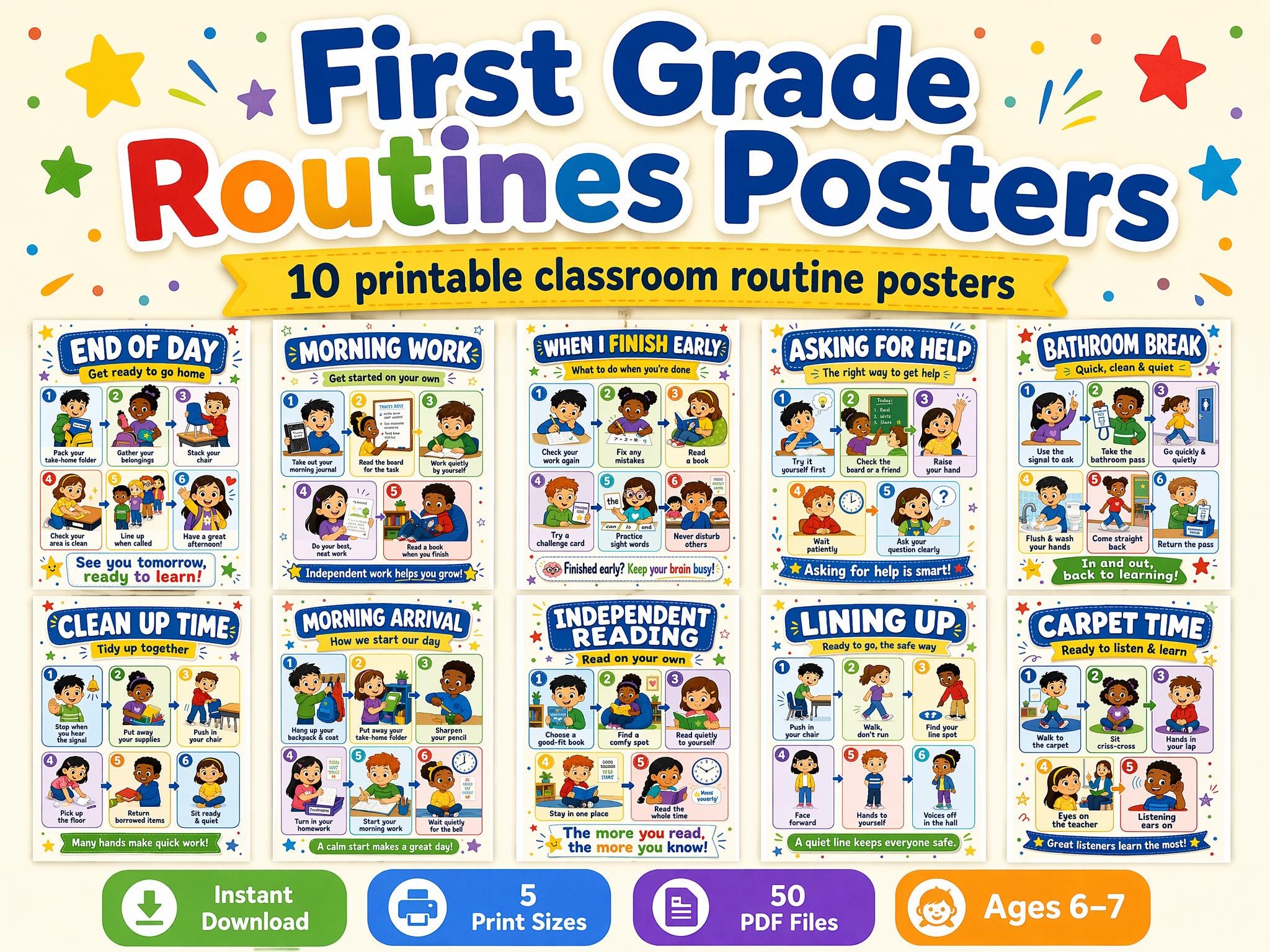 First Grade Classroom Routines Posters | 1st Grade Procedures & Management | Visual Schedule Wall Decor | Printable Instant Download