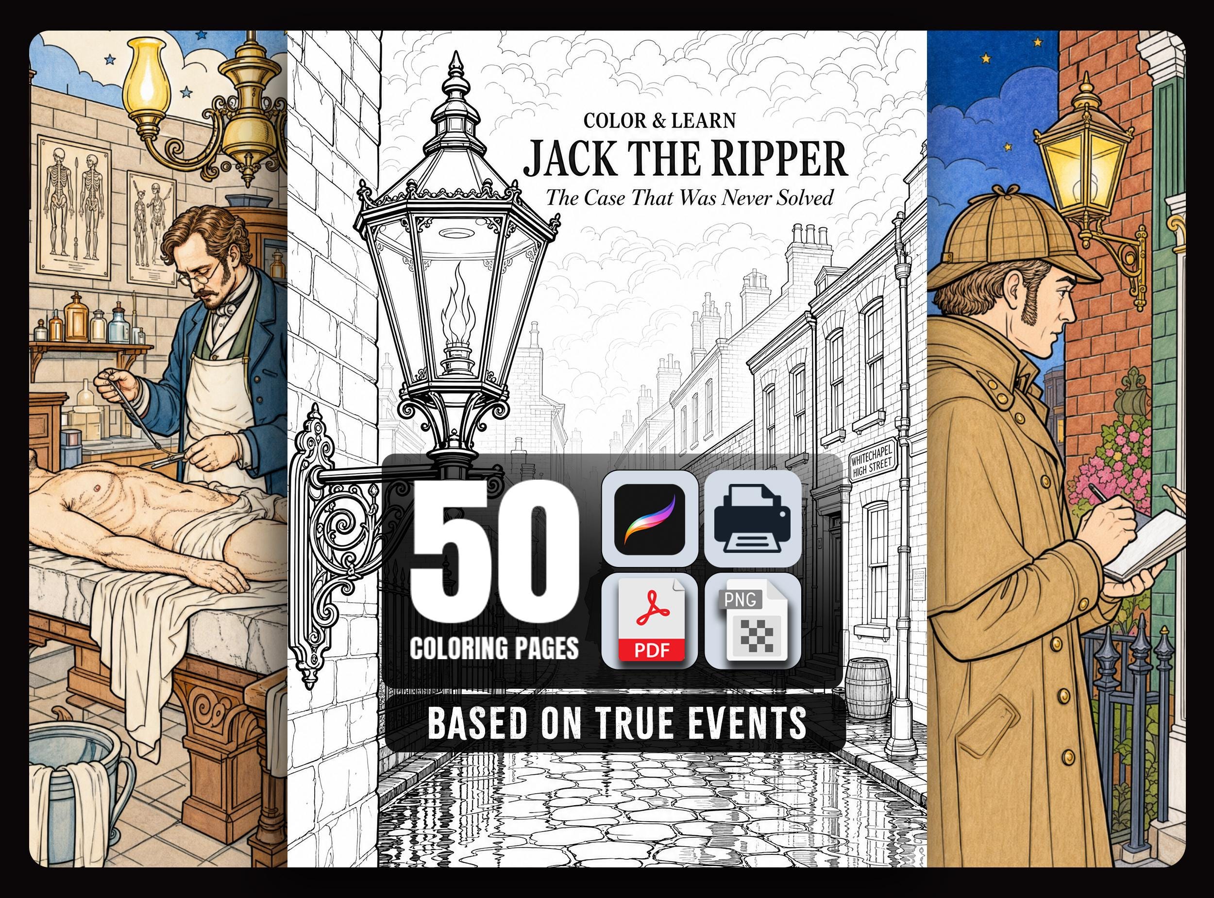 Jack the Ripper Coloring Book | Color & Learn Adult Coloring Pages | 50 Story Scenes | True Crime History Gift | Printable Instant Download