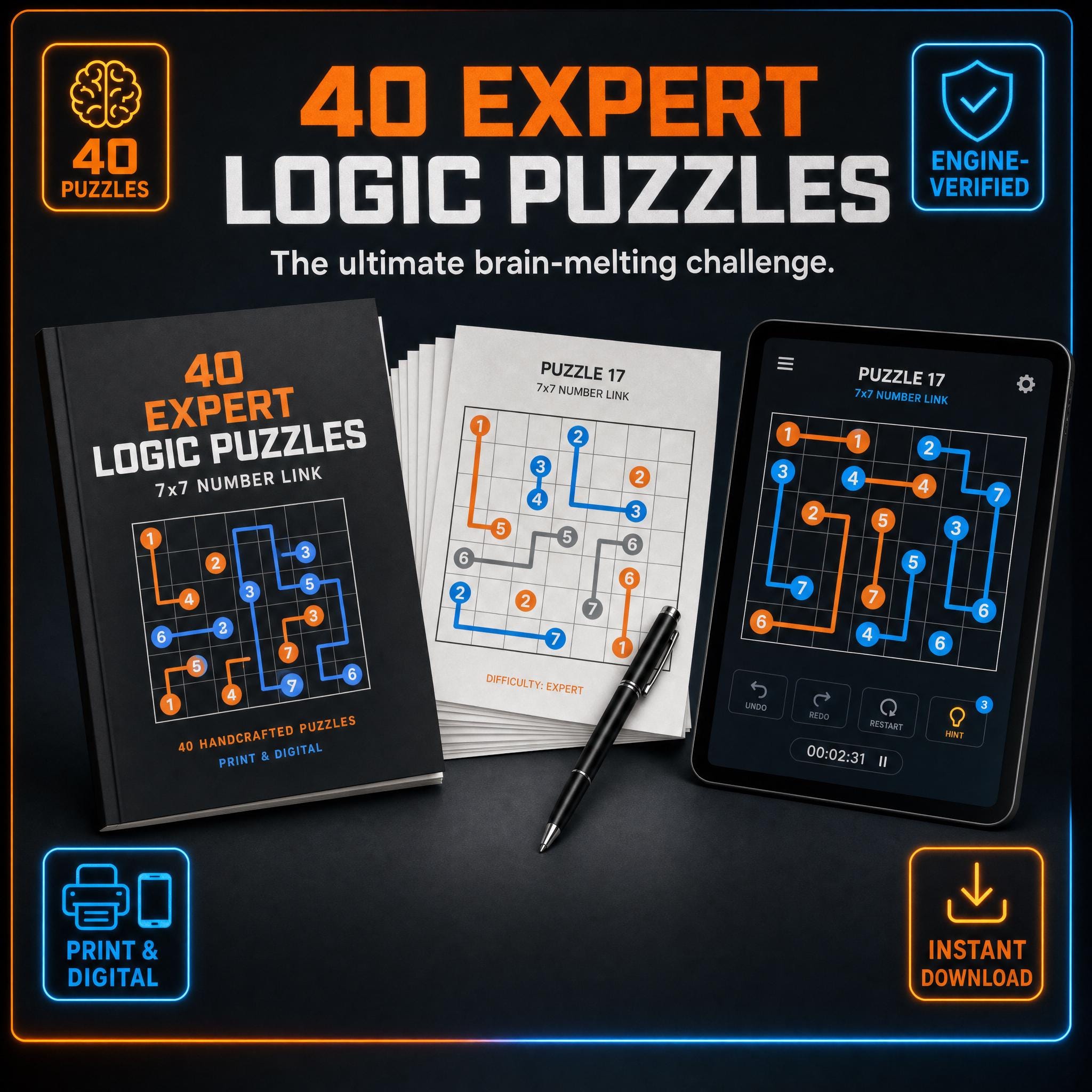 Hard Logic Puzzles for Adults Printable | Connect the Dots Number Link Game | 40 Expert Puzzles | Brain Game Challenge | Instant Download