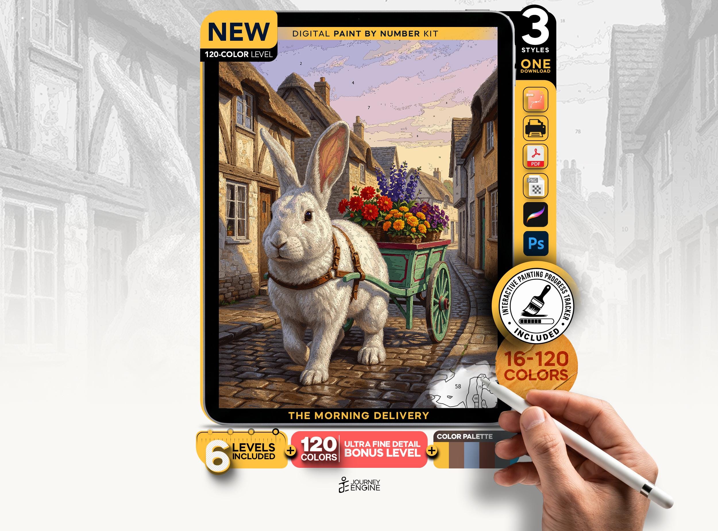 Rabbit Flower Cart Paint by Numbers Digital, 6 Levels 16 to 120 Colors, Whimsical Cottagecore Art, Procreate Printable, Instant Download