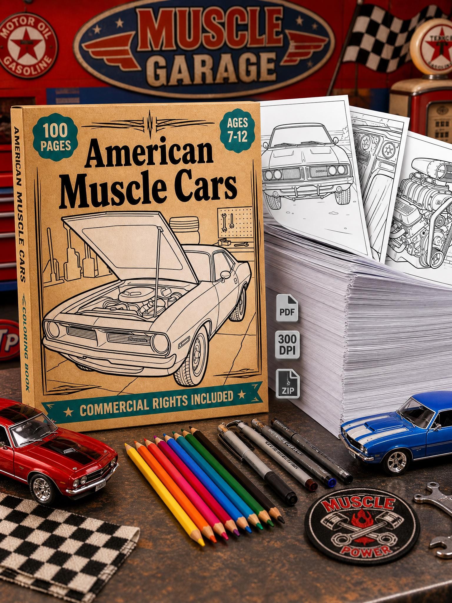 100 American Muscle Cars Coloring Pages | Vintage Hot Rods, Kids 8-14 (Commercial Use PLR)
