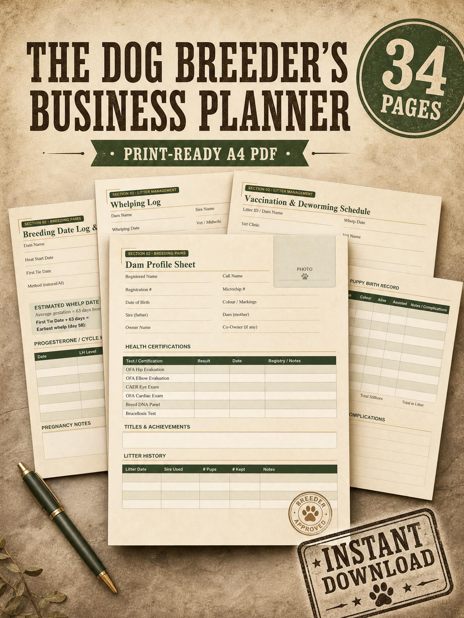 Dog Breeder Business Planner | Whelping Log, Litter Tracker, Puppy Records (PDF Download)