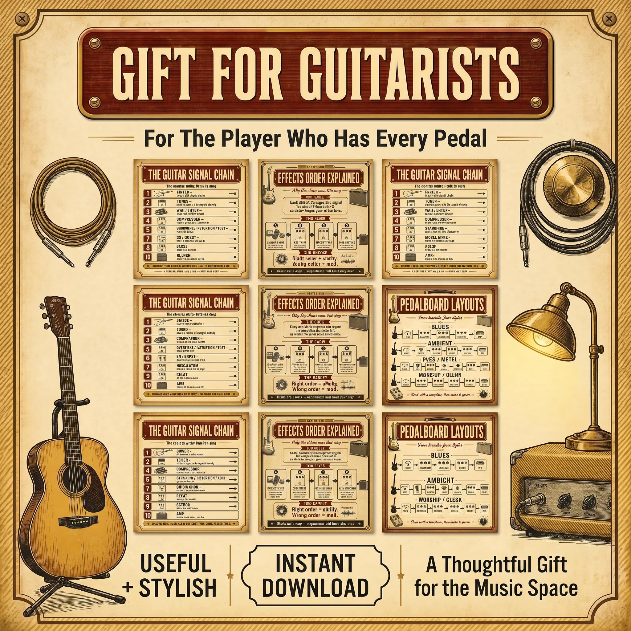 Guitar Signal Chain Poster Set | Pedalboard Order & Effects Guide | Vintage Music Room Studio Decor | Guitarist Gift | Printable Download