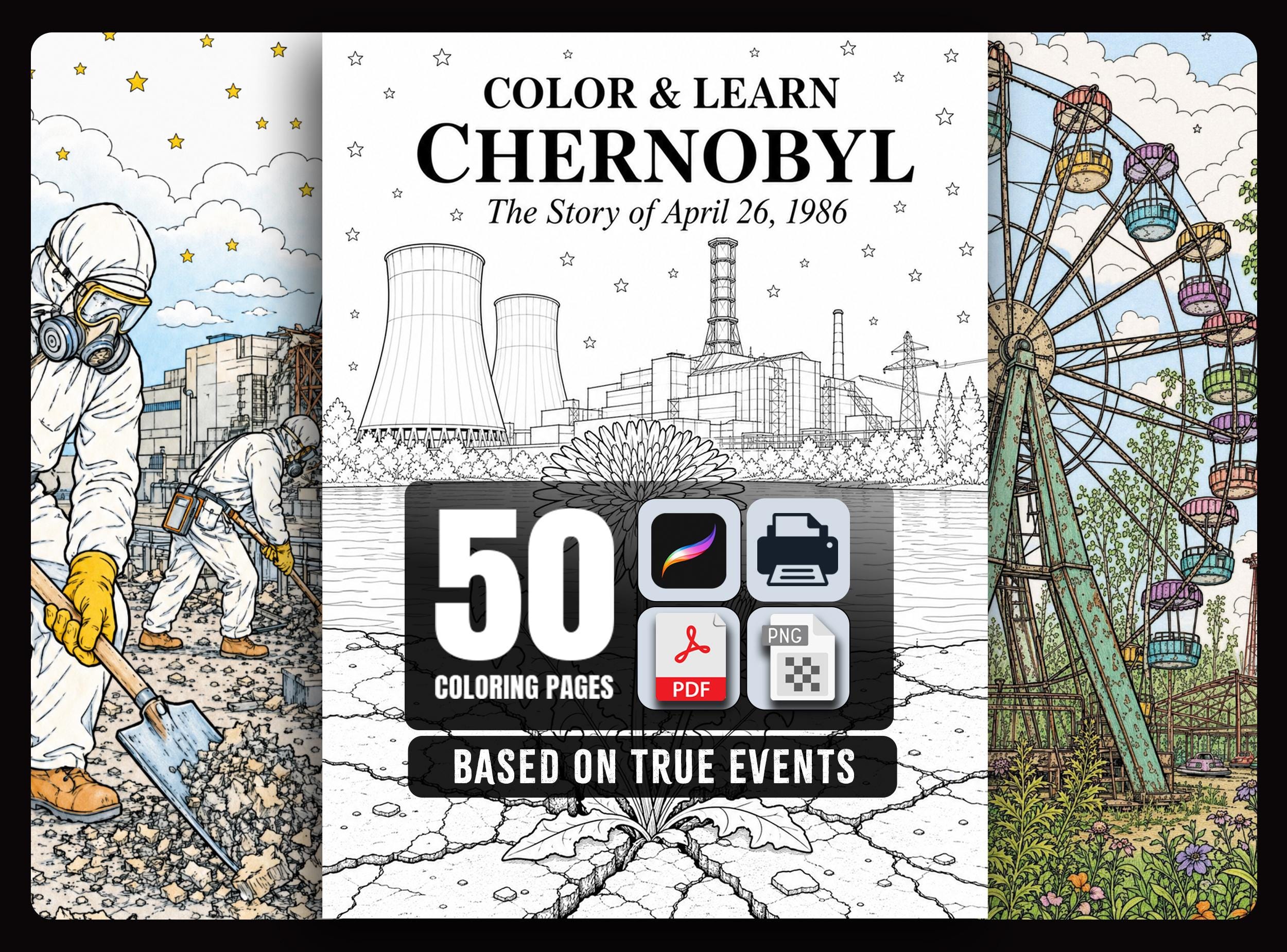 Chernobyl Coloring Book | Color & Learn Adult Coloring Pages | 50 Story Scenes | History Gift | Printable Instant Download
