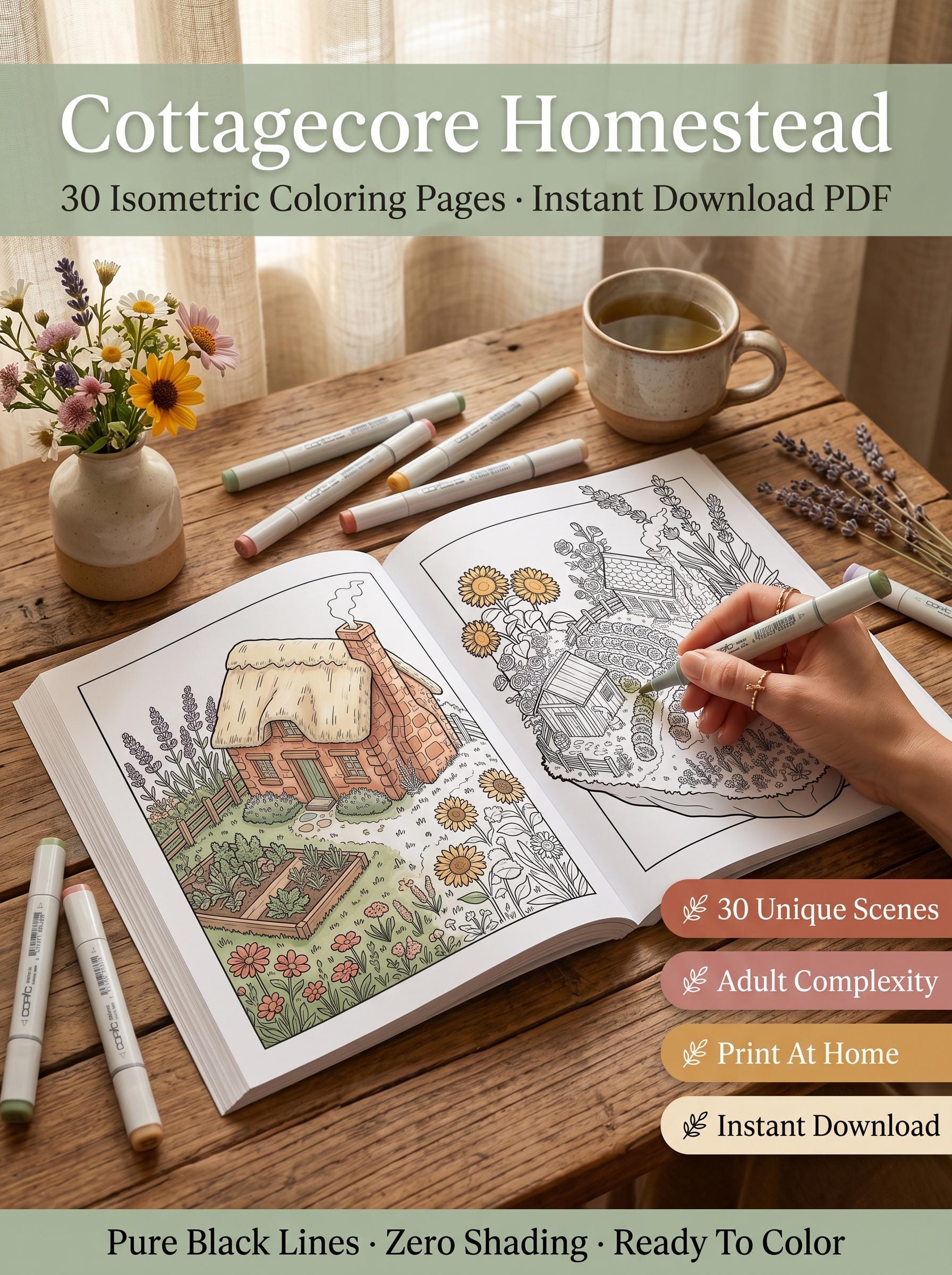 Cottagecore Homestead Coloring Book| 30 Isometric Garden Scenes (Digital Download)