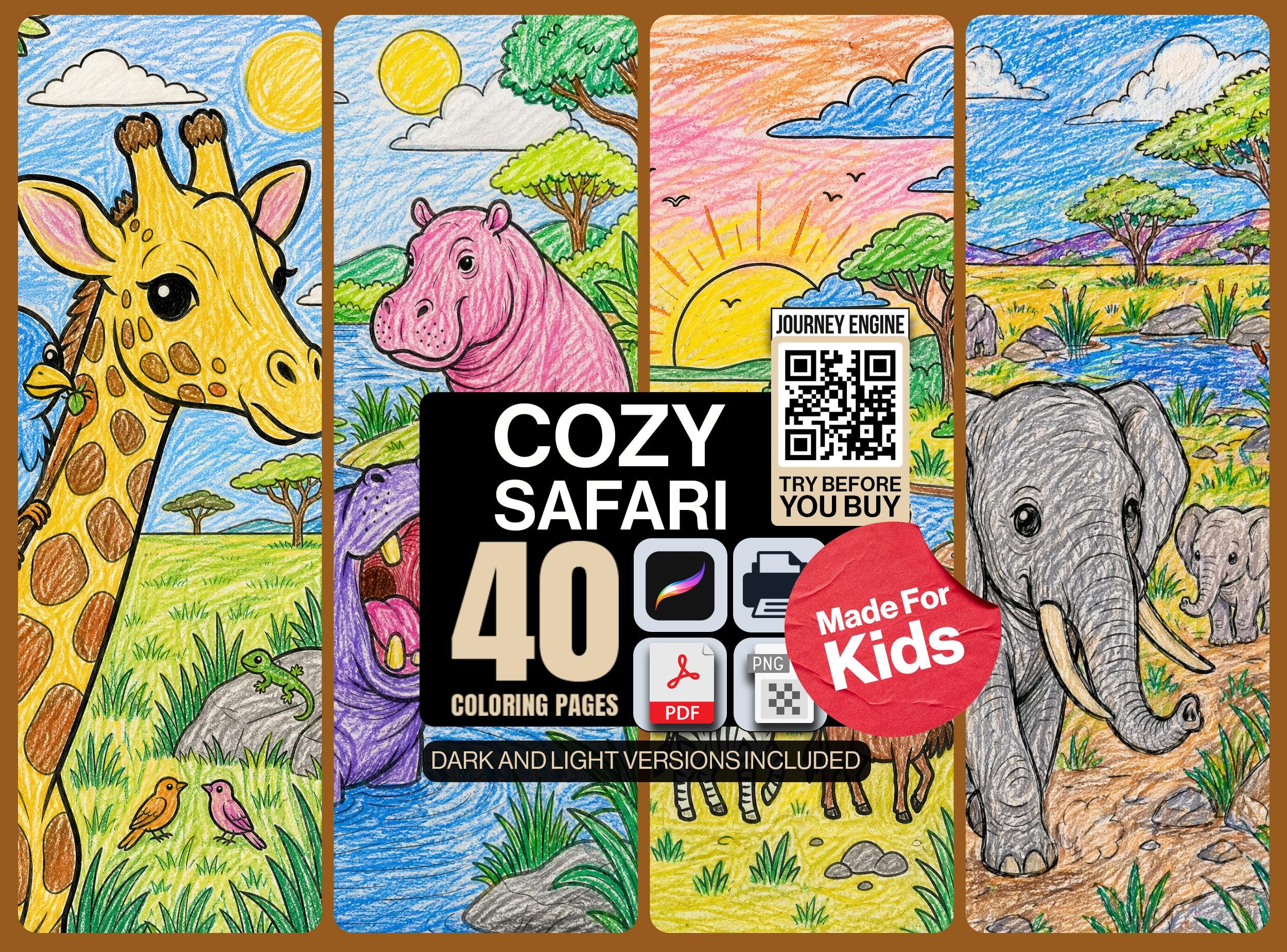 Cozy Safari Coloring Book | Cute Kawaii African Animals Kids Coloring Pages | 40 Scenes | Square Printable Instant Download