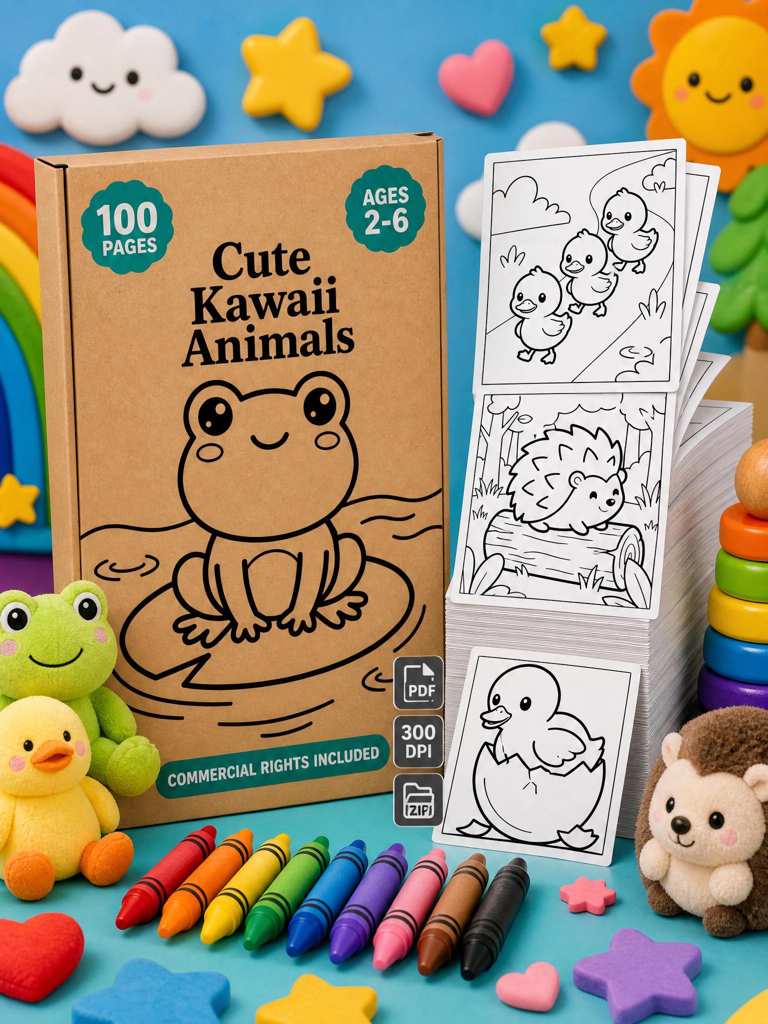 100 Kawaii Animal Coloring Pages for Kids | Printable Activity Book (Commercial Use)