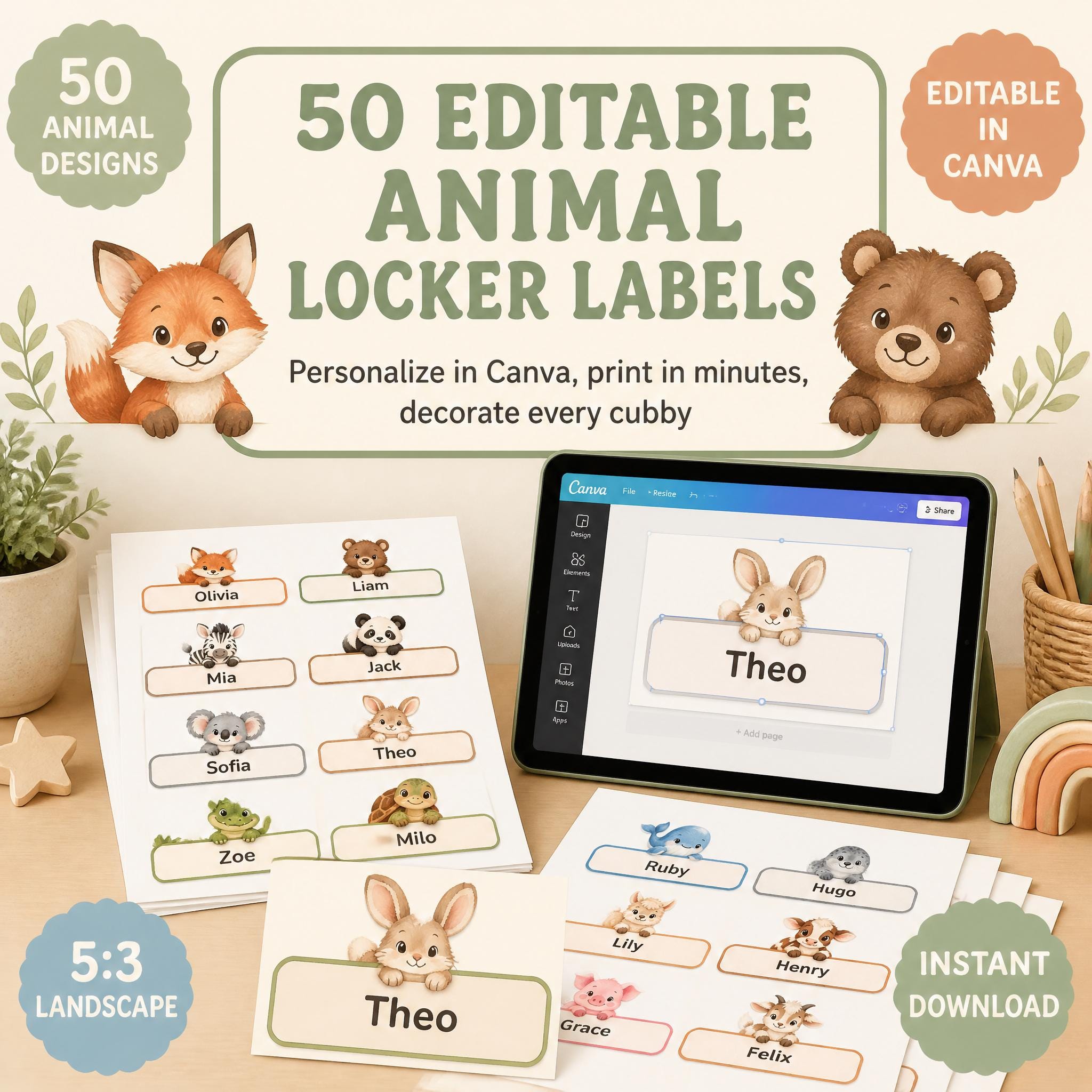 50 Editable Animal Locker Labels, Classroom Name Tags, Printable Storage Labels, Canva Template for Kids, Preschool Daycare Decor