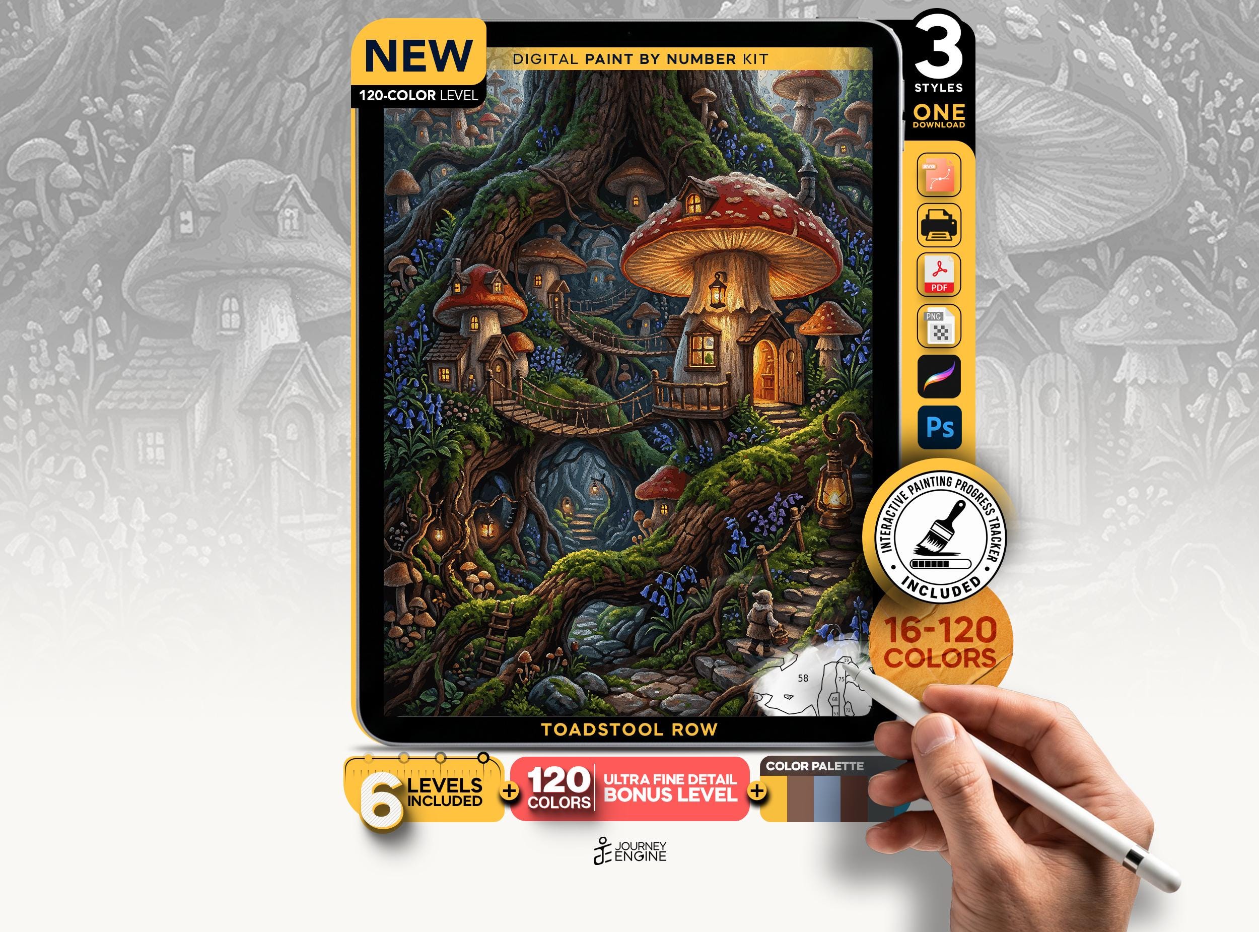 Mushroom Village Paint by Numbers Digital, 6 Levels 16 to 120 Colors, Cottagecore Fairy House Art, Procreate Printable, Instant Download