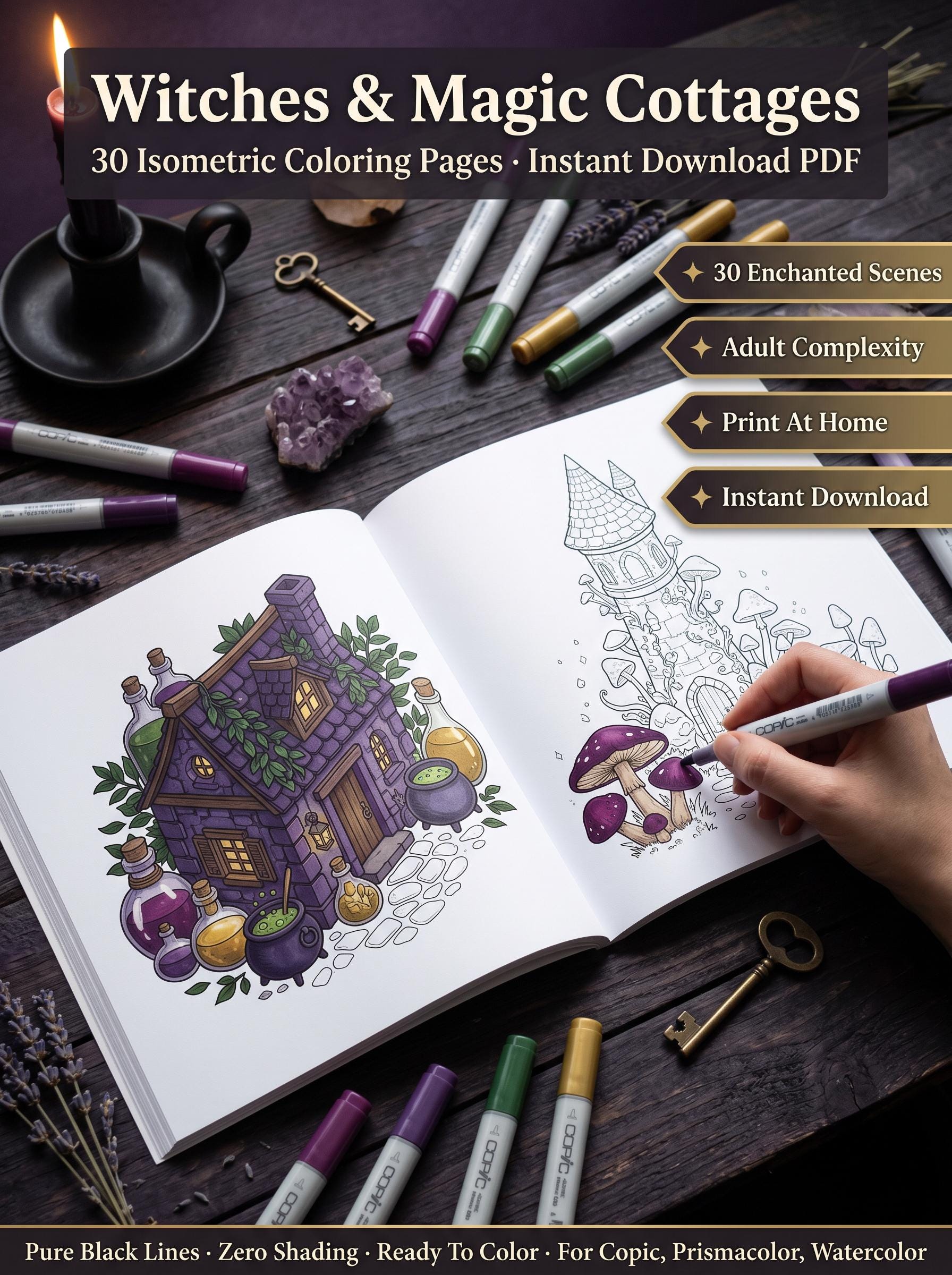 Witches Magic Cottages Coloring Book | 30 Isometric Pages (PDF Download)