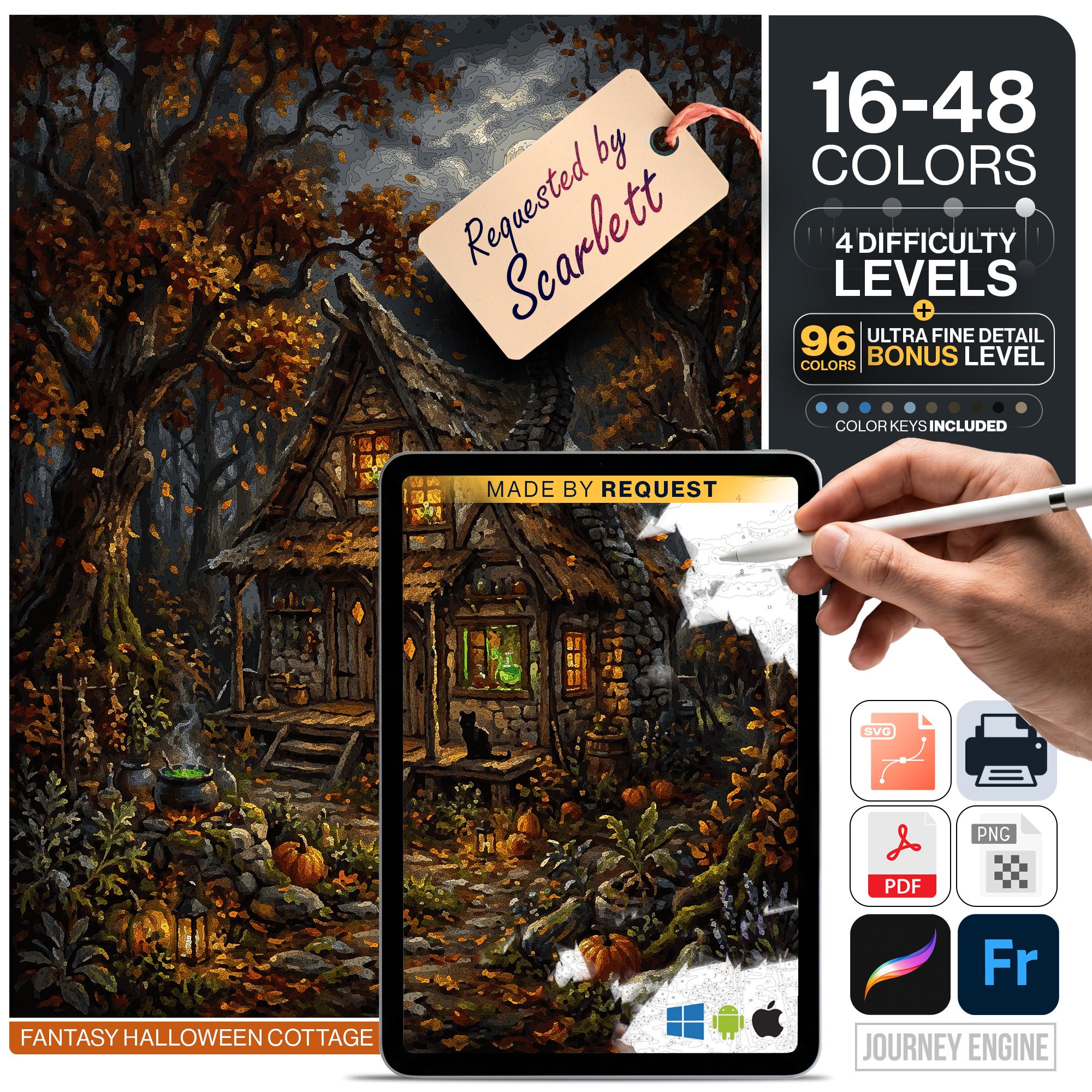 Autumn Witch Cottage Paint by Numbers Digital | 5 Levels 16-96 Colors | Svg Pdf Png Procreate | Fantasy Halloween Cottage Printable Wall Art