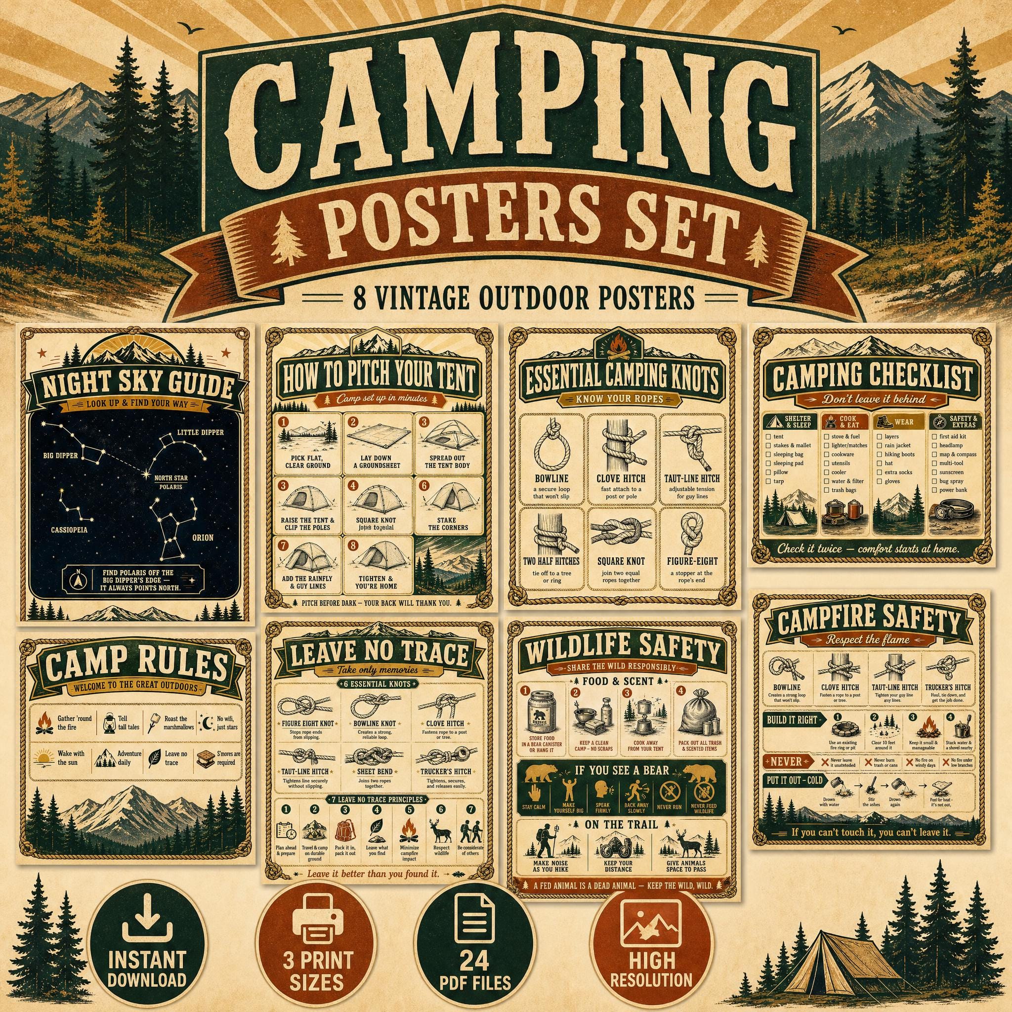 Camping Posters Set | Vintage National Park Knots Checklist & Camp Rules | Cabin RV Wall Decor | Printable Instant Download