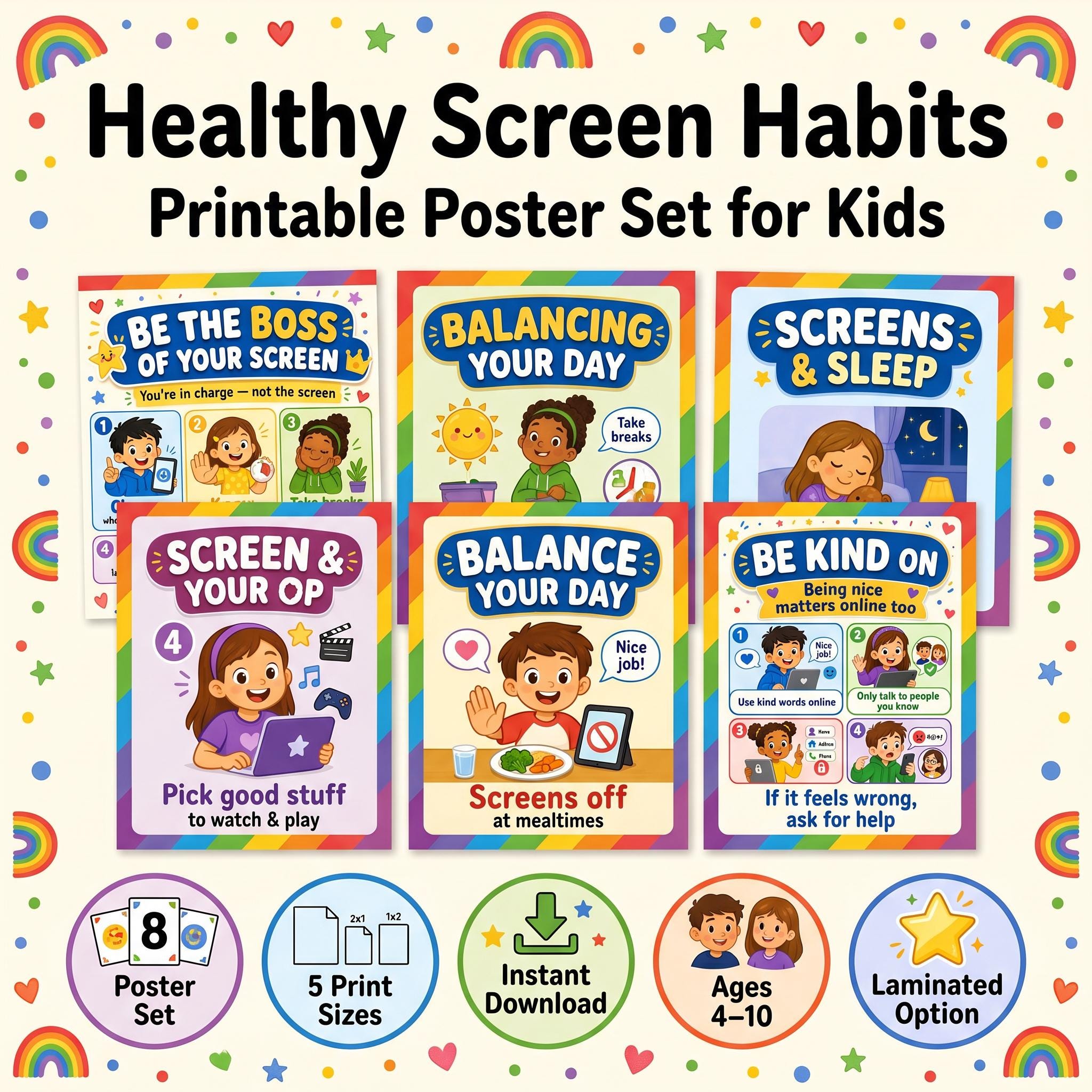 Healthy Screen Habits Poster Set | Kids Screen Time Rules & Balance | Classroom Home Digital Wellness Decor | Printable Instant Download