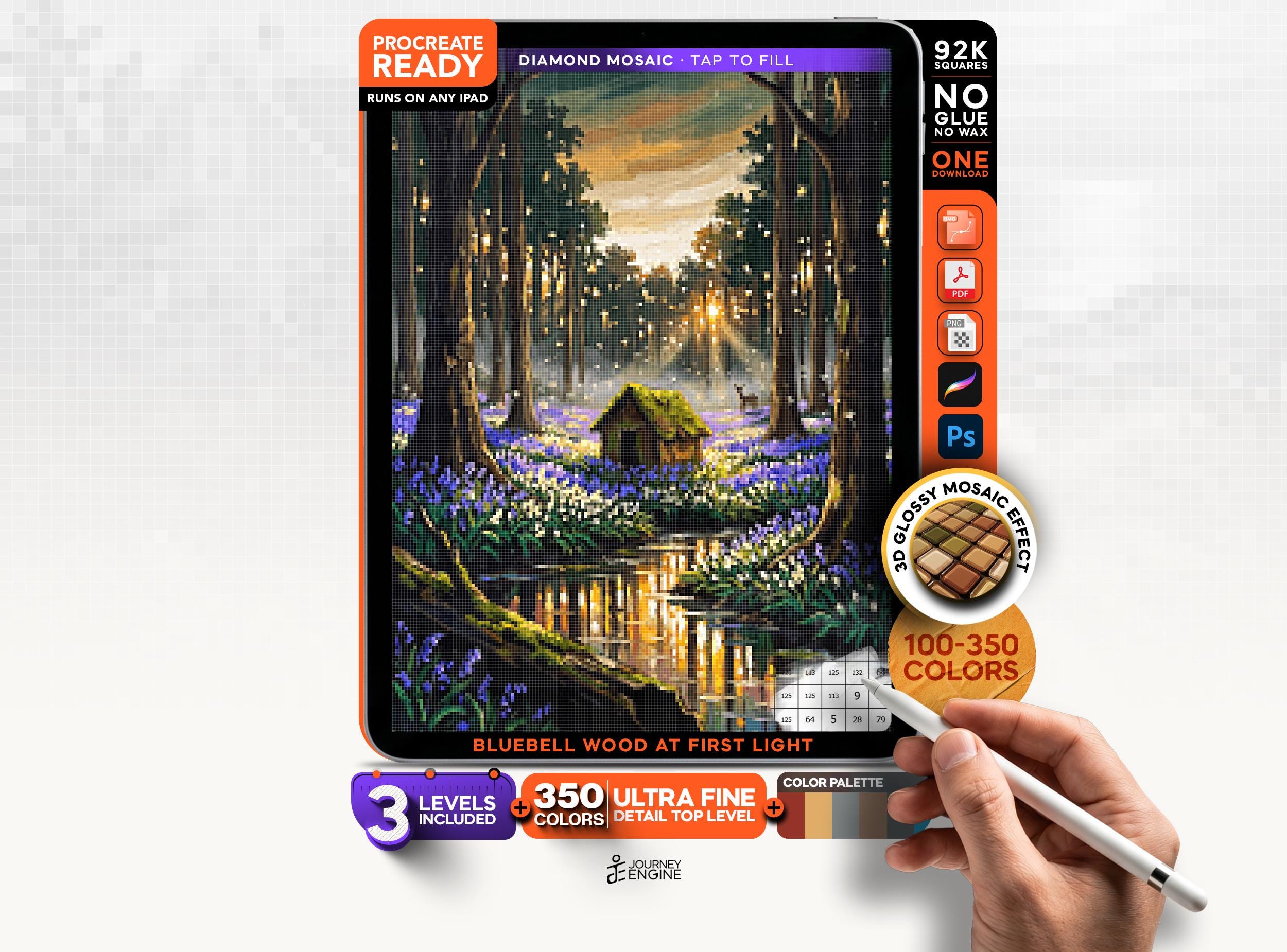 Digital Paint by Numbers Procreate, Bluebell Wood Diamond Mosaic, 3 Levels 100-350 Colors, Layered PSD for iPad, Instant Download