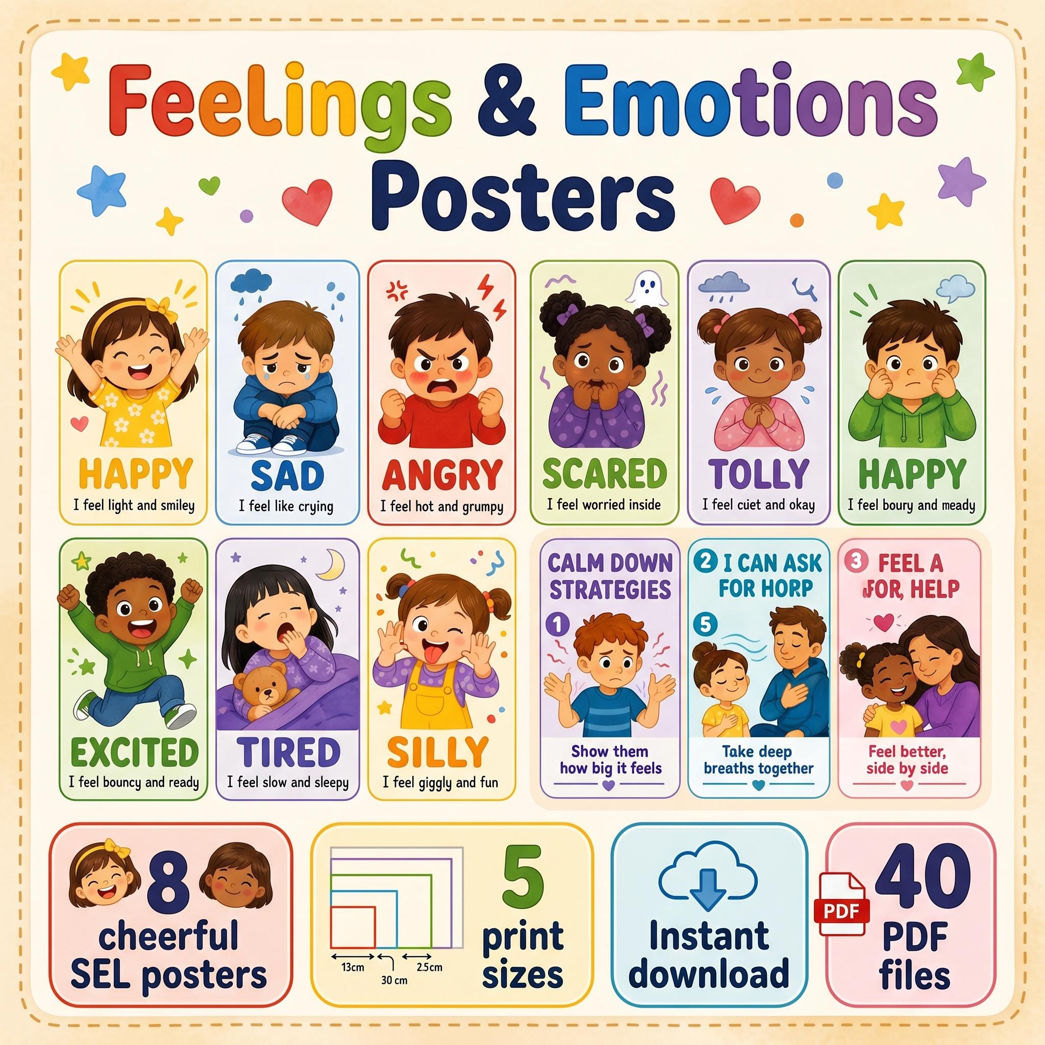 Feelings & Emotions Posters Set | Preschool Kindergarten Calm Down Corner | SEL Emotional Regulation Decor | Printable Instant Download