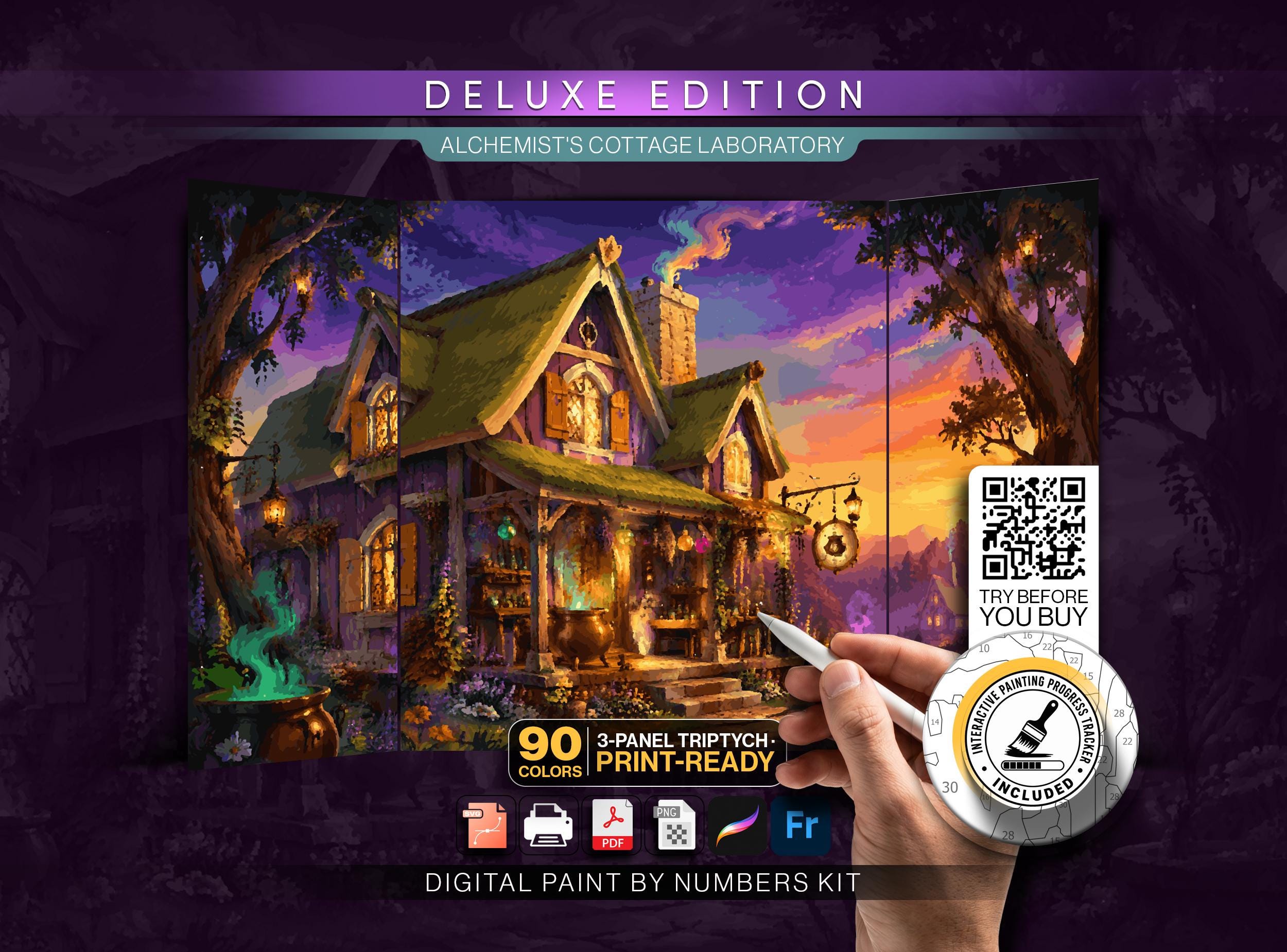 Digital Paint by Number Triptych Kit | Alchemist Cottage Laboratory | 90 Colors PBN | Whimsical Wall Art | 3 Panel | Instant Download