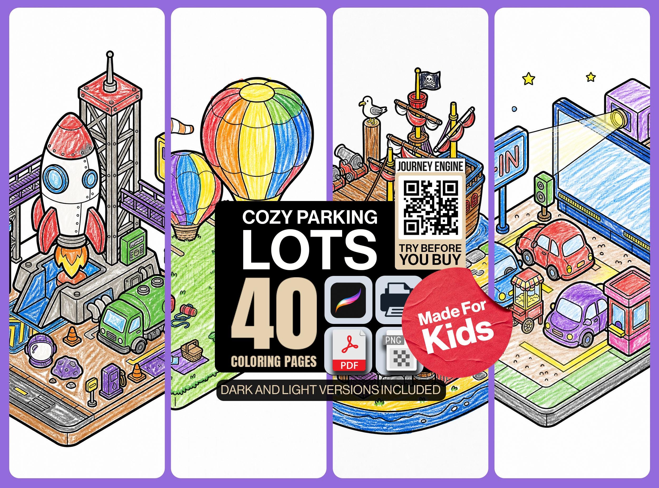 Cozy Parking Lots Coloring Book| Cute Kawaii Vehicles Kids Coloring Pages| 40 Scenes| Printable Instant Download