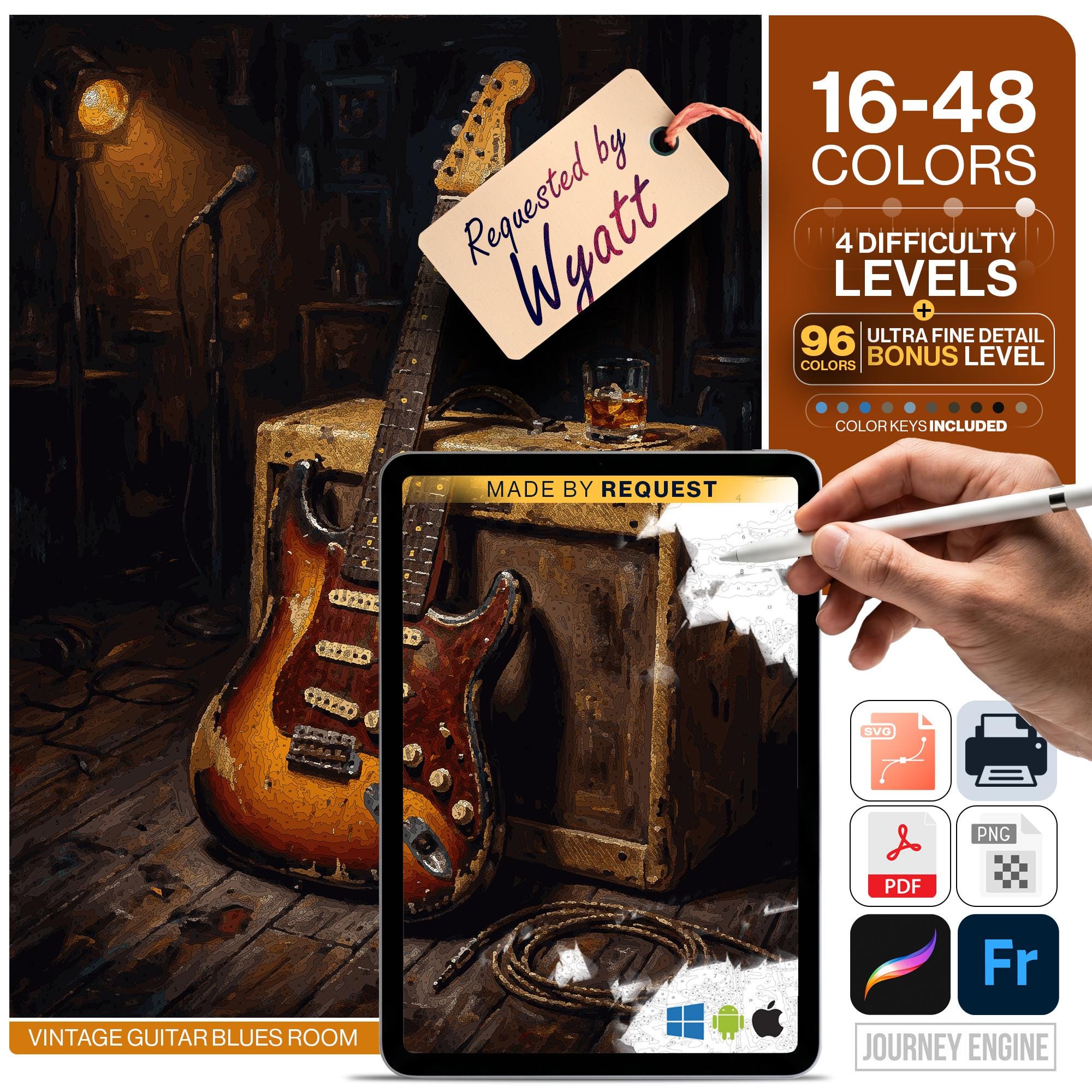 Relic Paint by Numbers Digital | 5 Levels 16-96 Colors | Svg Pdf Png Procreate | Vintage Guitar Blues Room Still Life Printable Wall Art