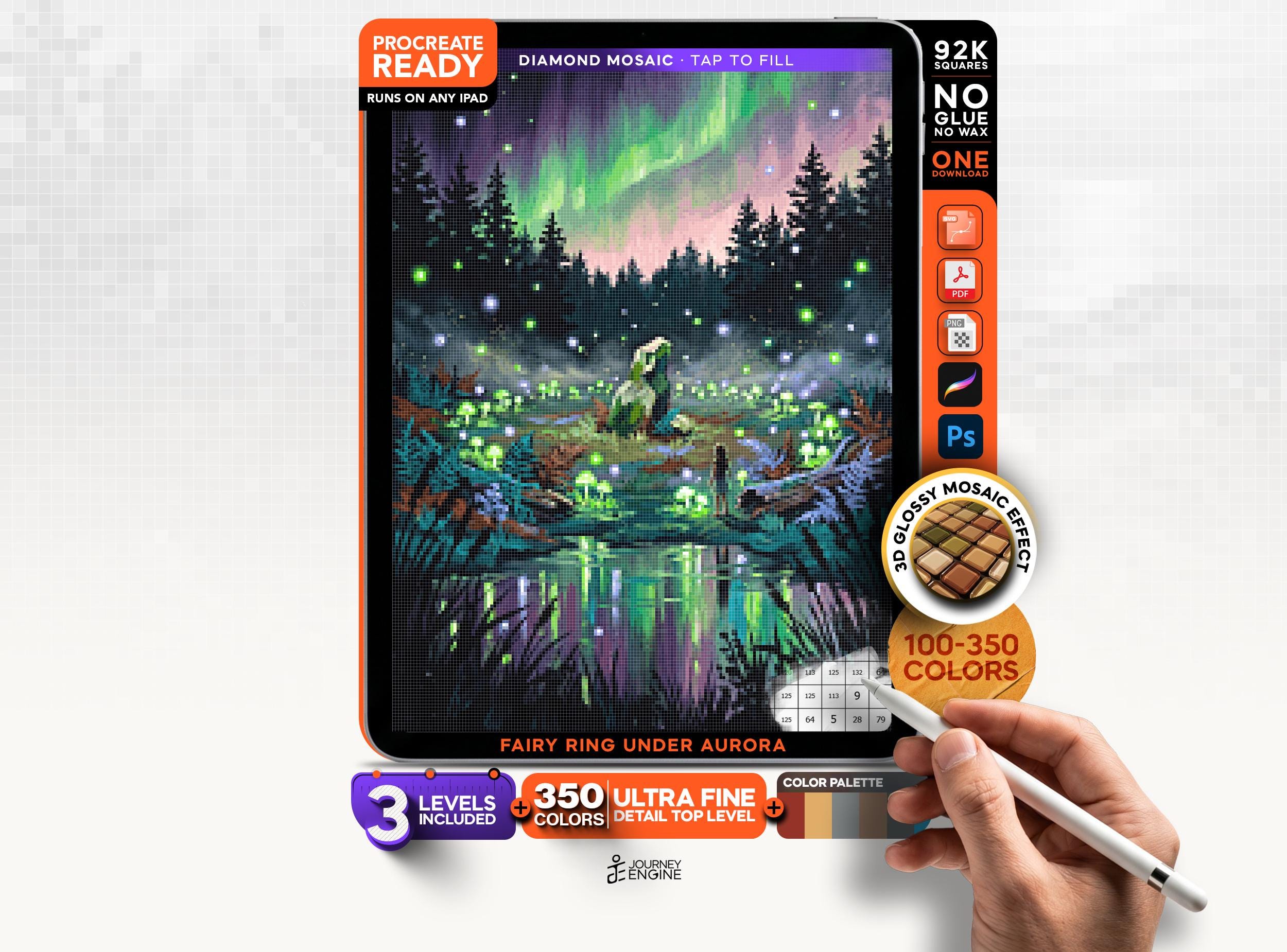 Digital Paint by Numbers Procreate, Fairy Ring Aurora Diamond Mosaic, 3 Levels 100-350 Colors, Layered PSD for iPad, Instant Download