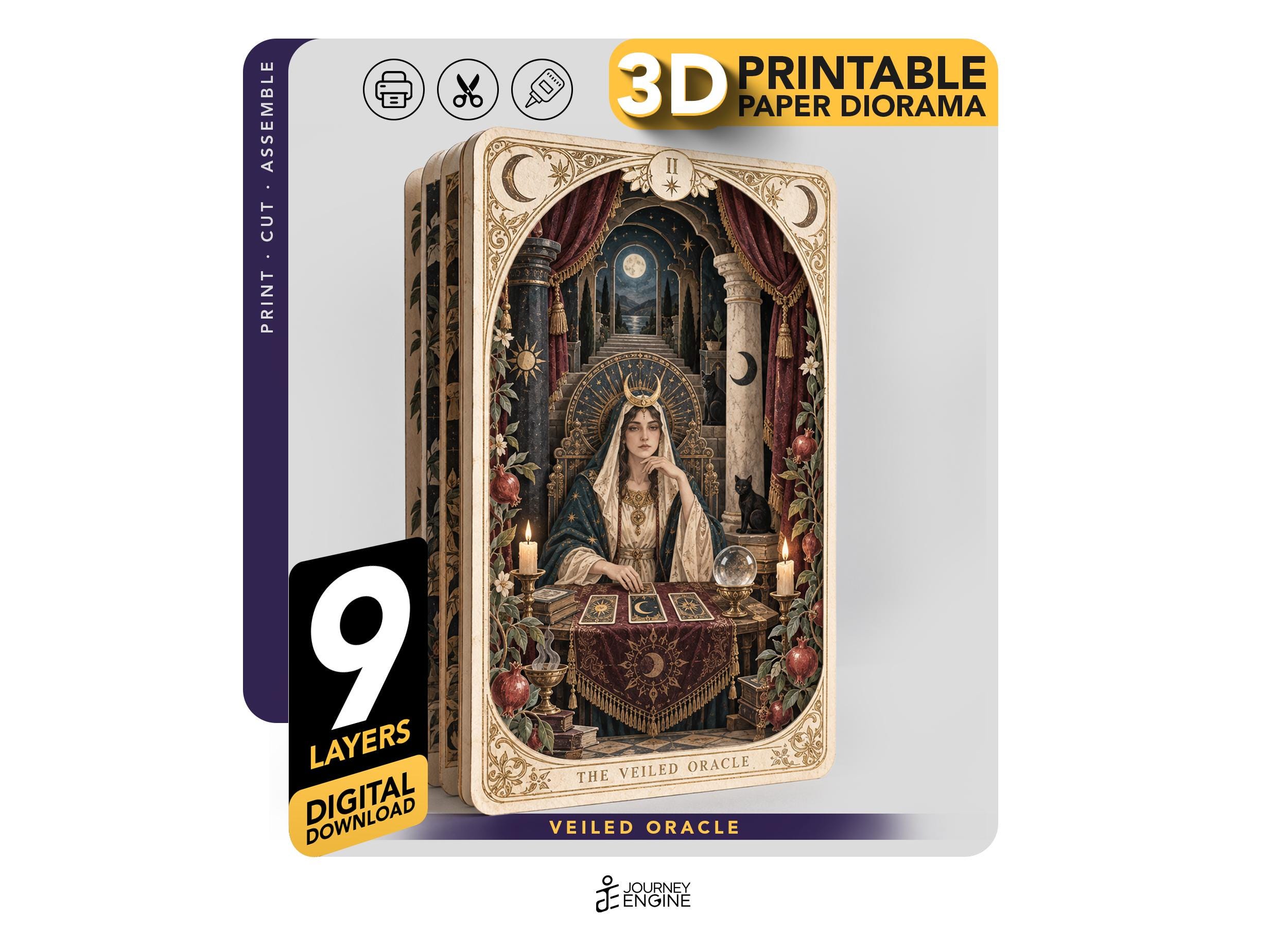 Printable 3D Paper Diorama Template, The Veiled Oracle Tarot Card, 9-Layer Papercraft, A4 Instant Download