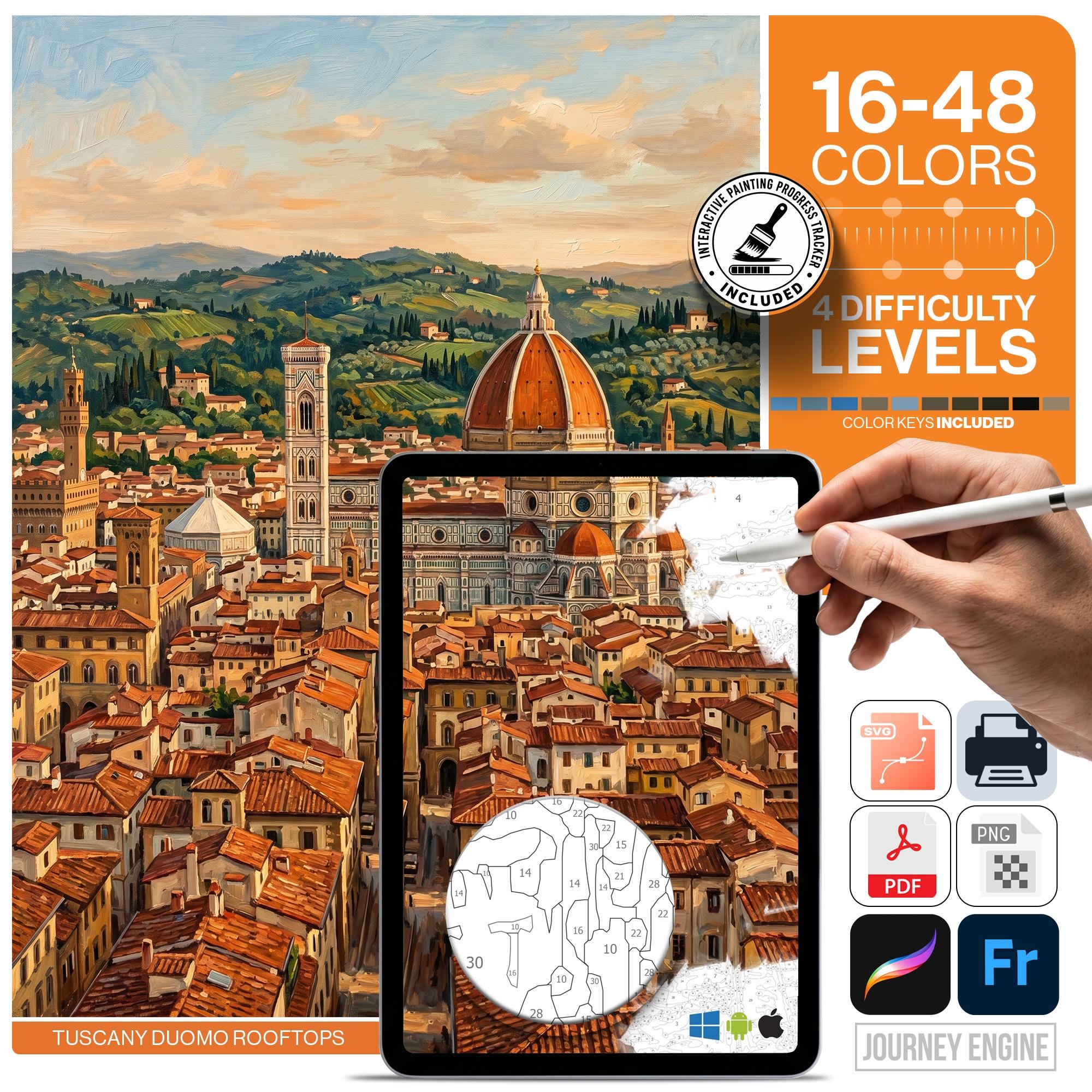 Florence Paint by Numbers Digital | 4 Levels 16-48 Colors | Svg Pdf Png | Italy Tuscany Duomo Rooftops Skyline Travel Coloring